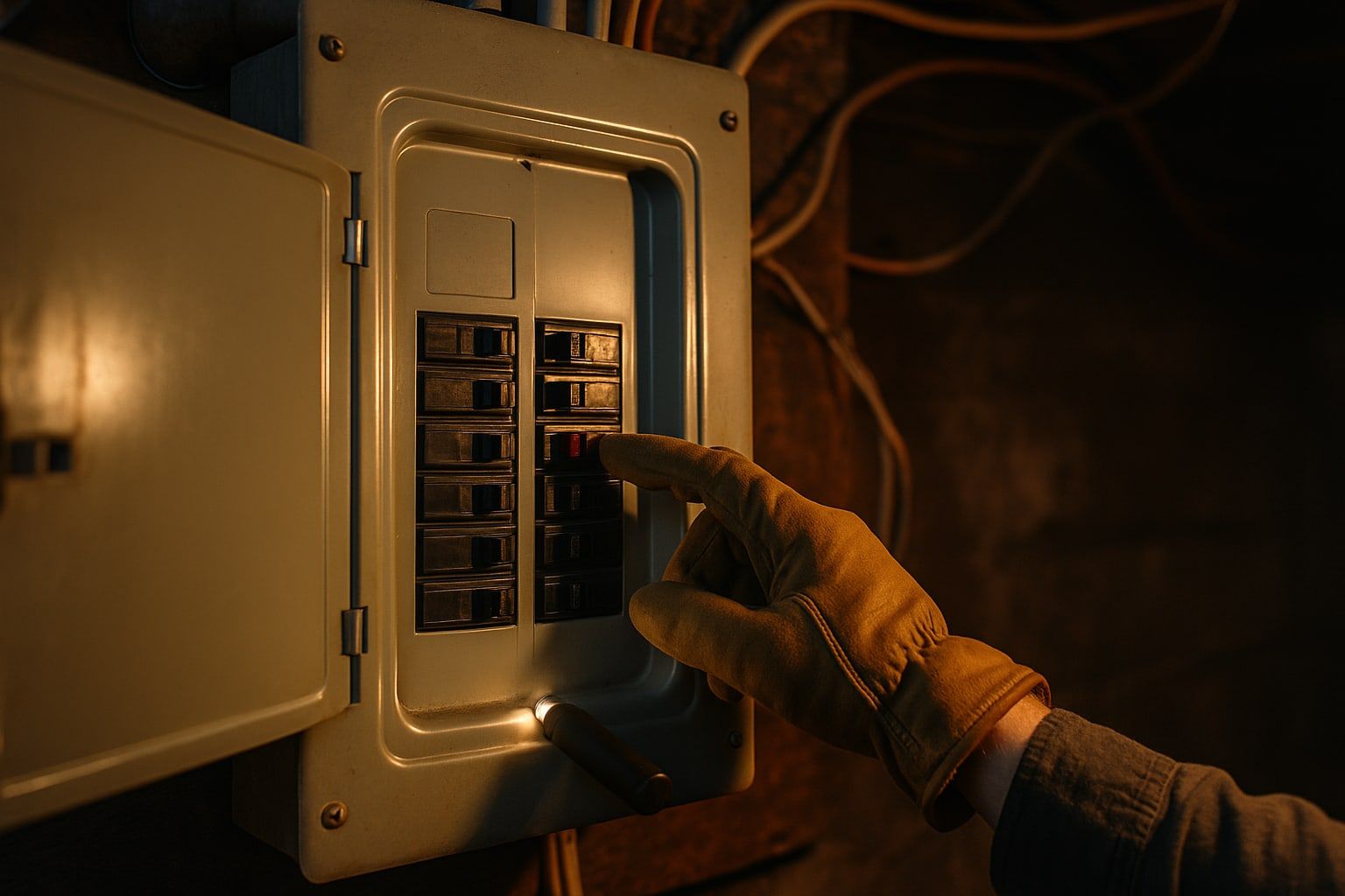 Gloved hand reaching for a tripped breaker in an open residential electrical panel lit by a flashlight