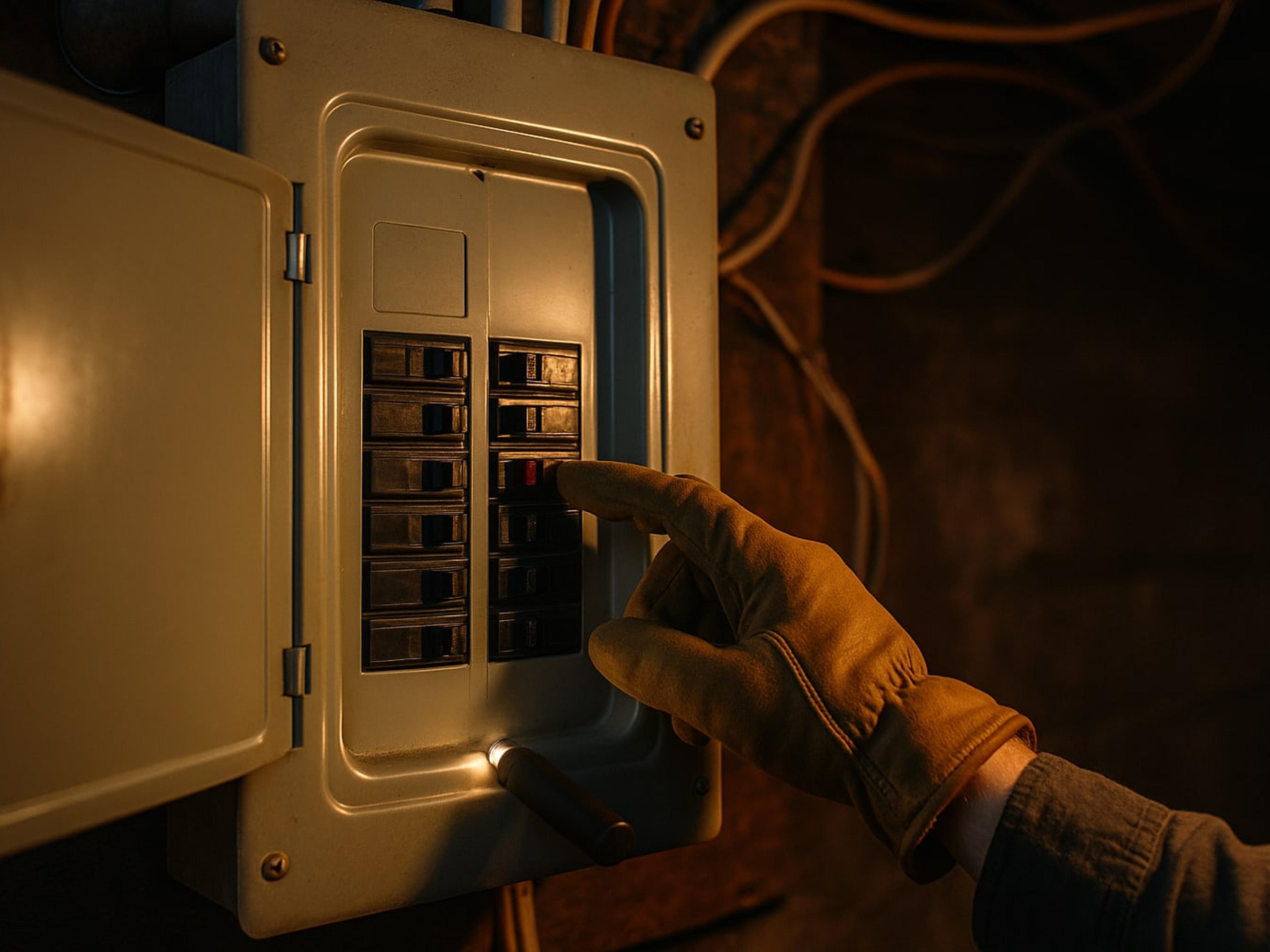 Gloved hand reaching for a tripped breaker in an open residential electrical panel lit by a flashlight