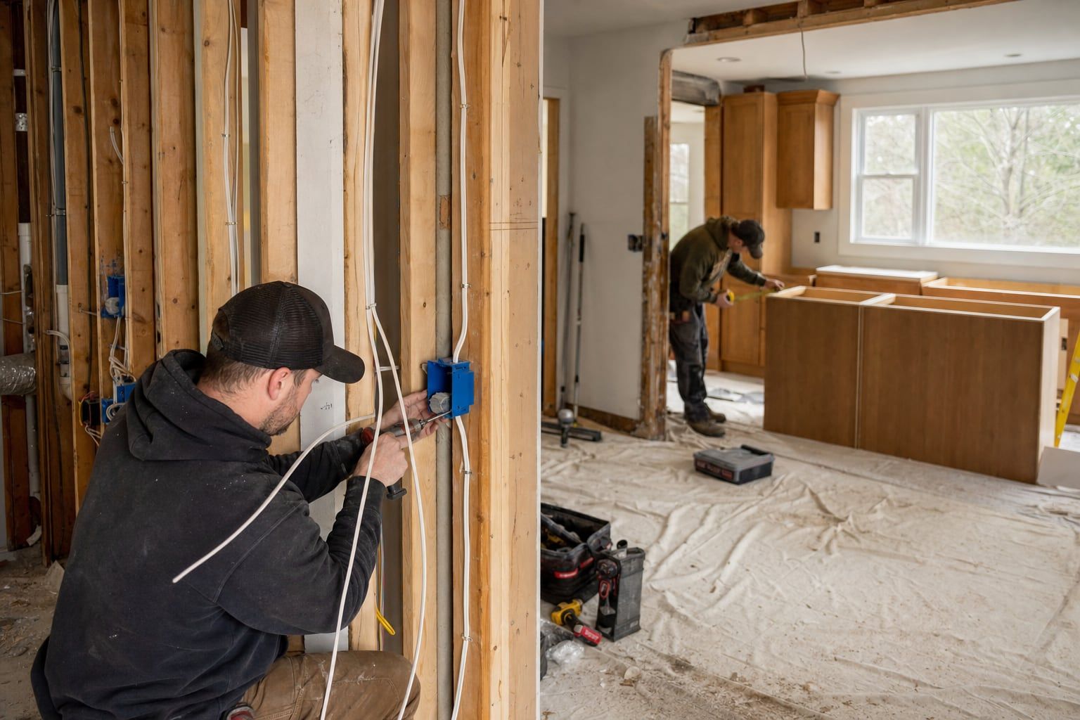 Kitchen remodel in progress with new wiring and outlet boxes in open stud walls while cabinets are installed