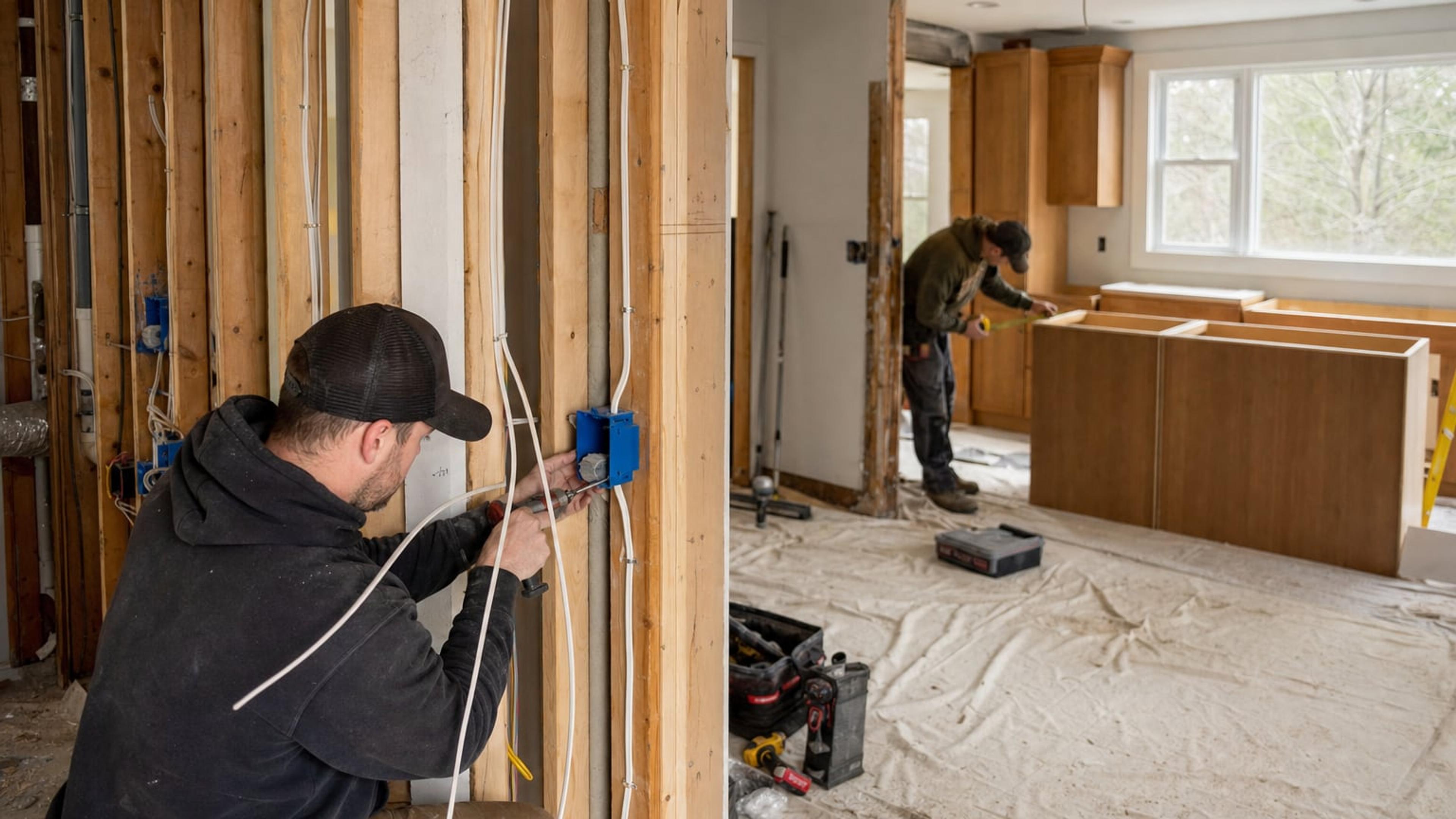 Kitchen remodel in progress with new wiring and outlet boxes in open stud walls while cabinets are installed