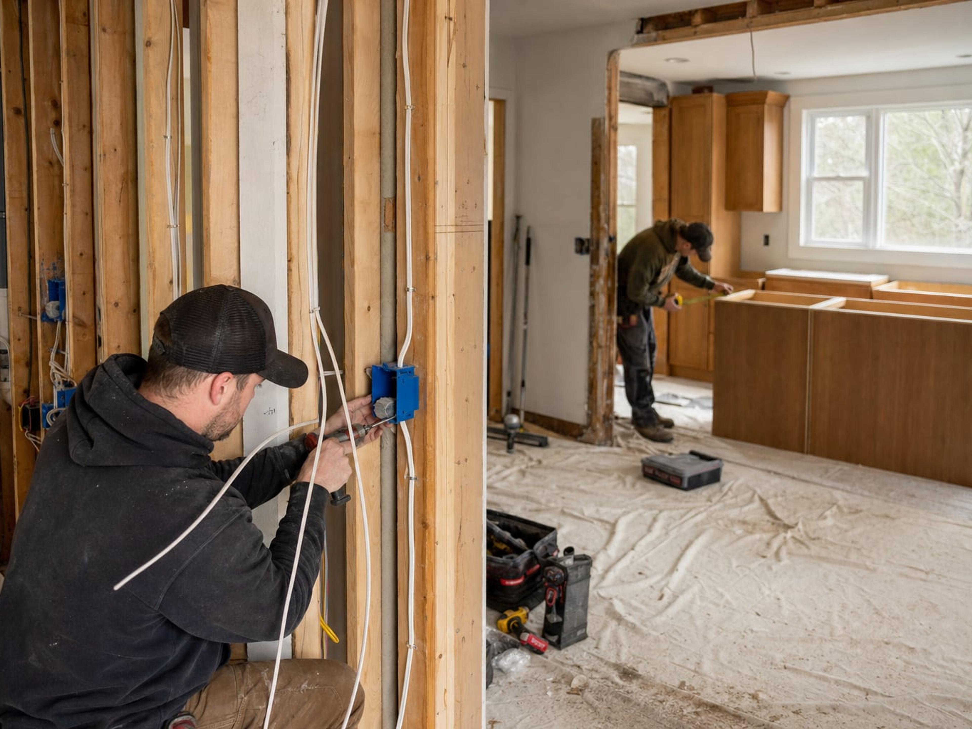 Kitchen remodel in progress with new wiring and outlet boxes in open stud walls while cabinets are installed