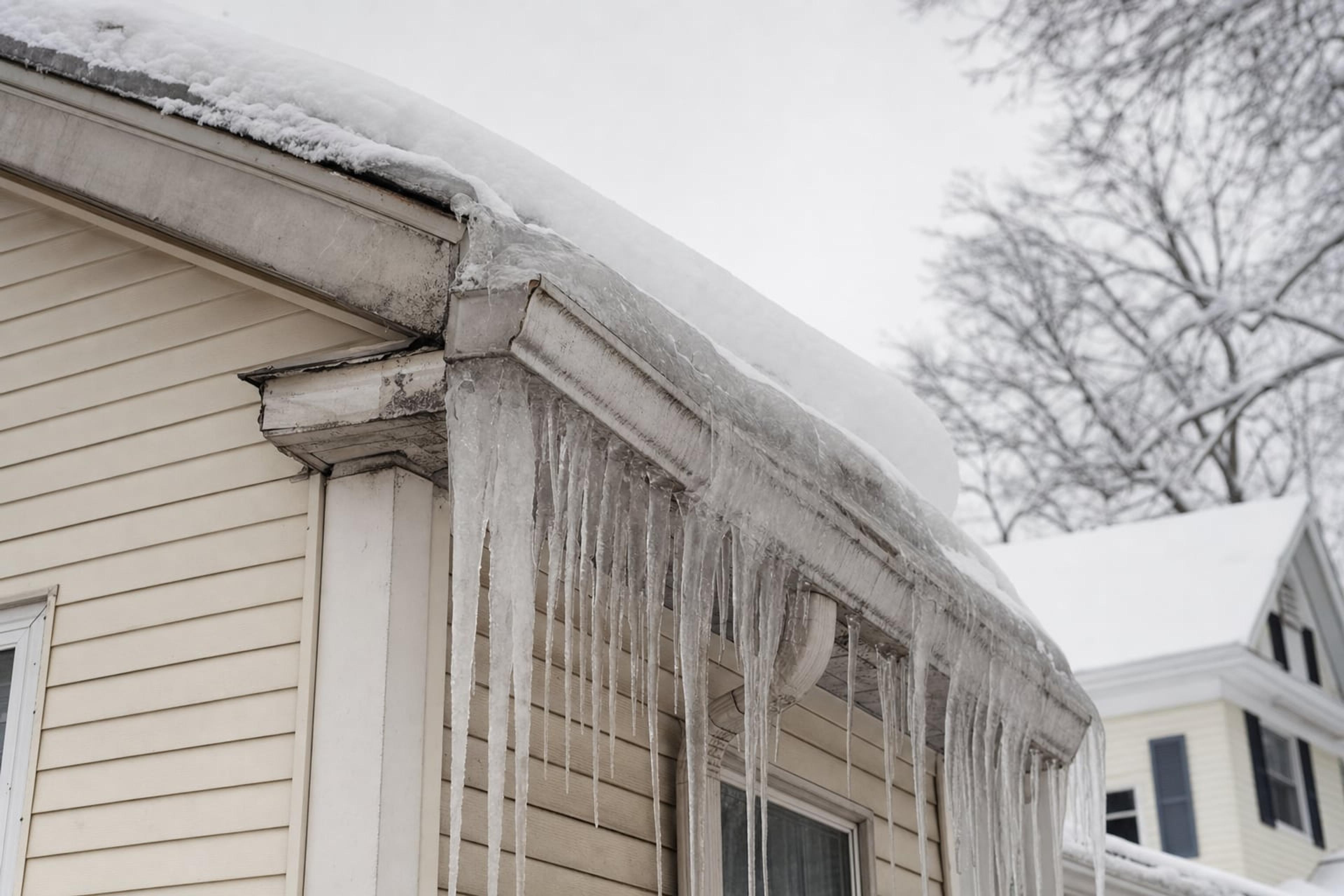 Thick ice dam and large icicles along the gutter of an older upstate New York house after a snowstorm