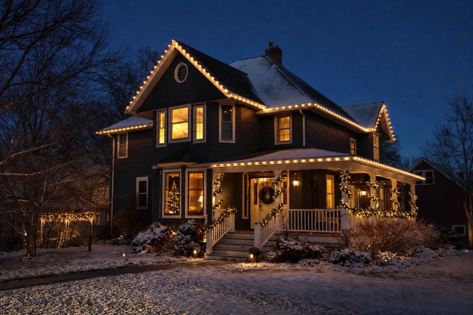 Upstate New York home at dusk with warm white holiday lights along the roofline and a light dusting of snow
