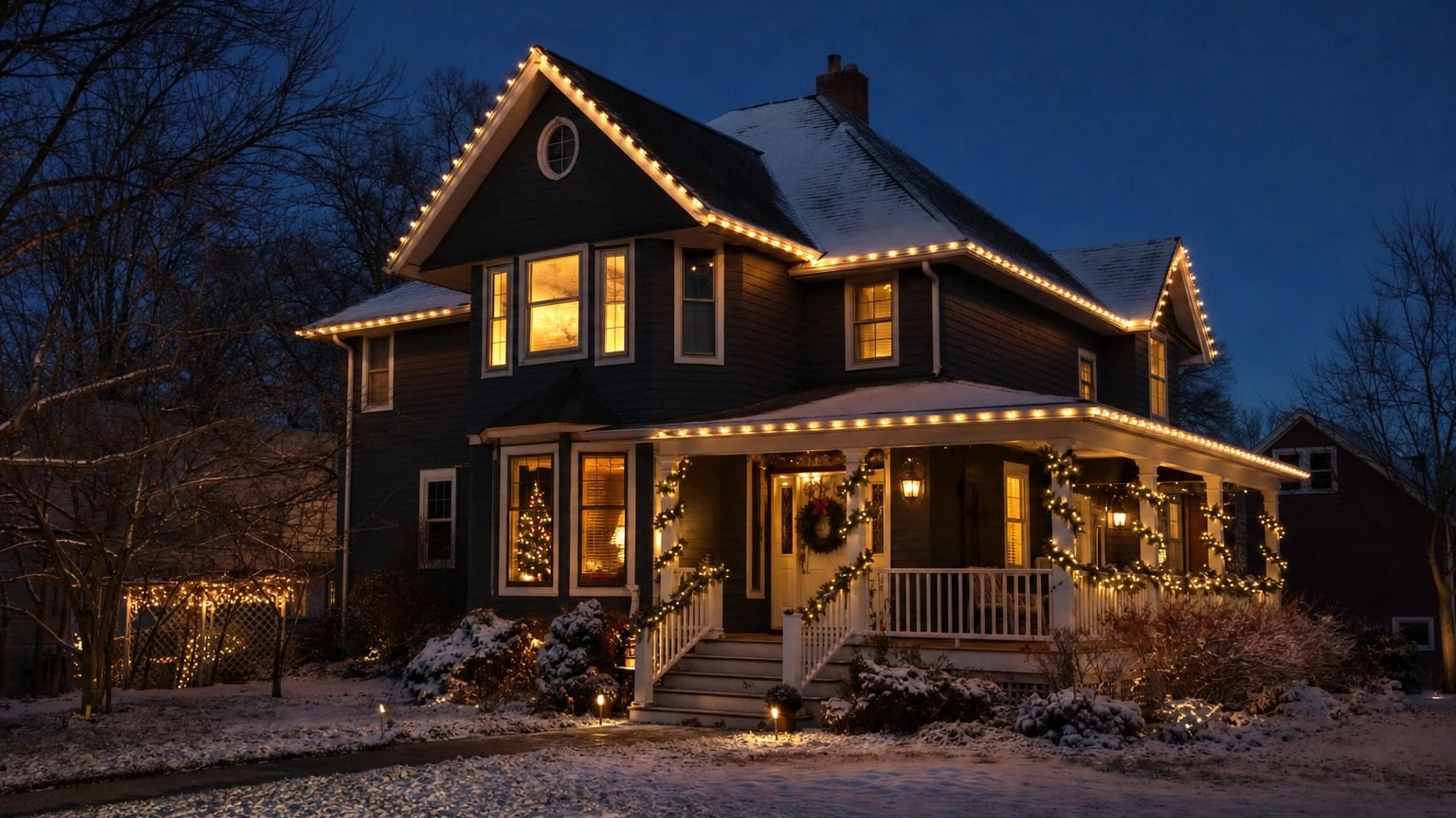 Upstate New York home at dusk with warm white holiday lights along the roofline and a light dusting of snow