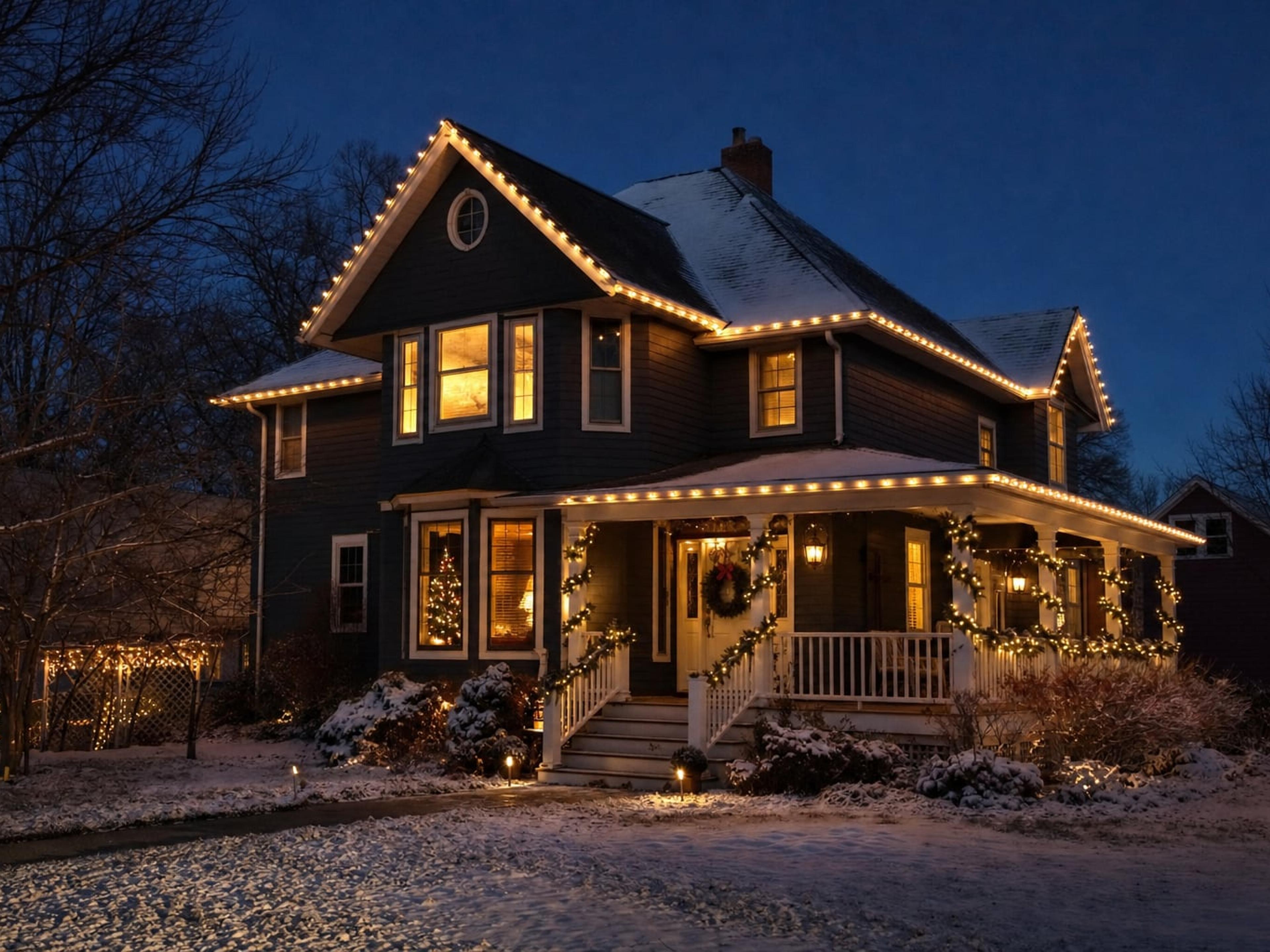 Upstate New York home at dusk with warm white holiday lights along the roofline and a light dusting of snow