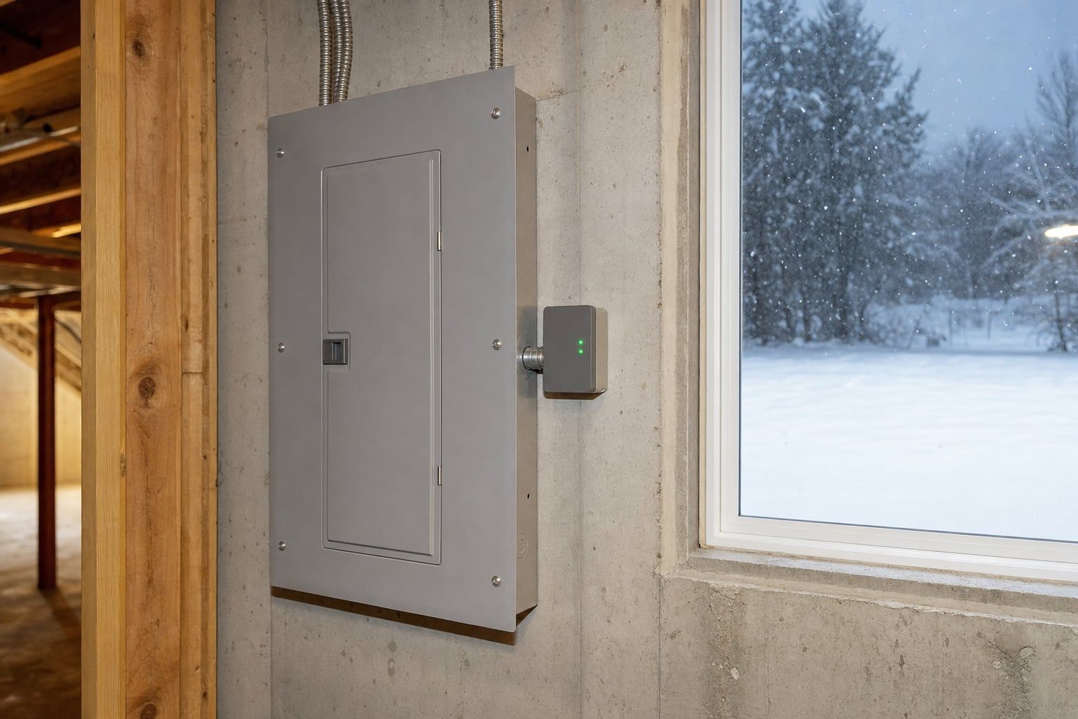 Residential breaker panel with a whole-house surge protective device mounted beside it, status lights glowing