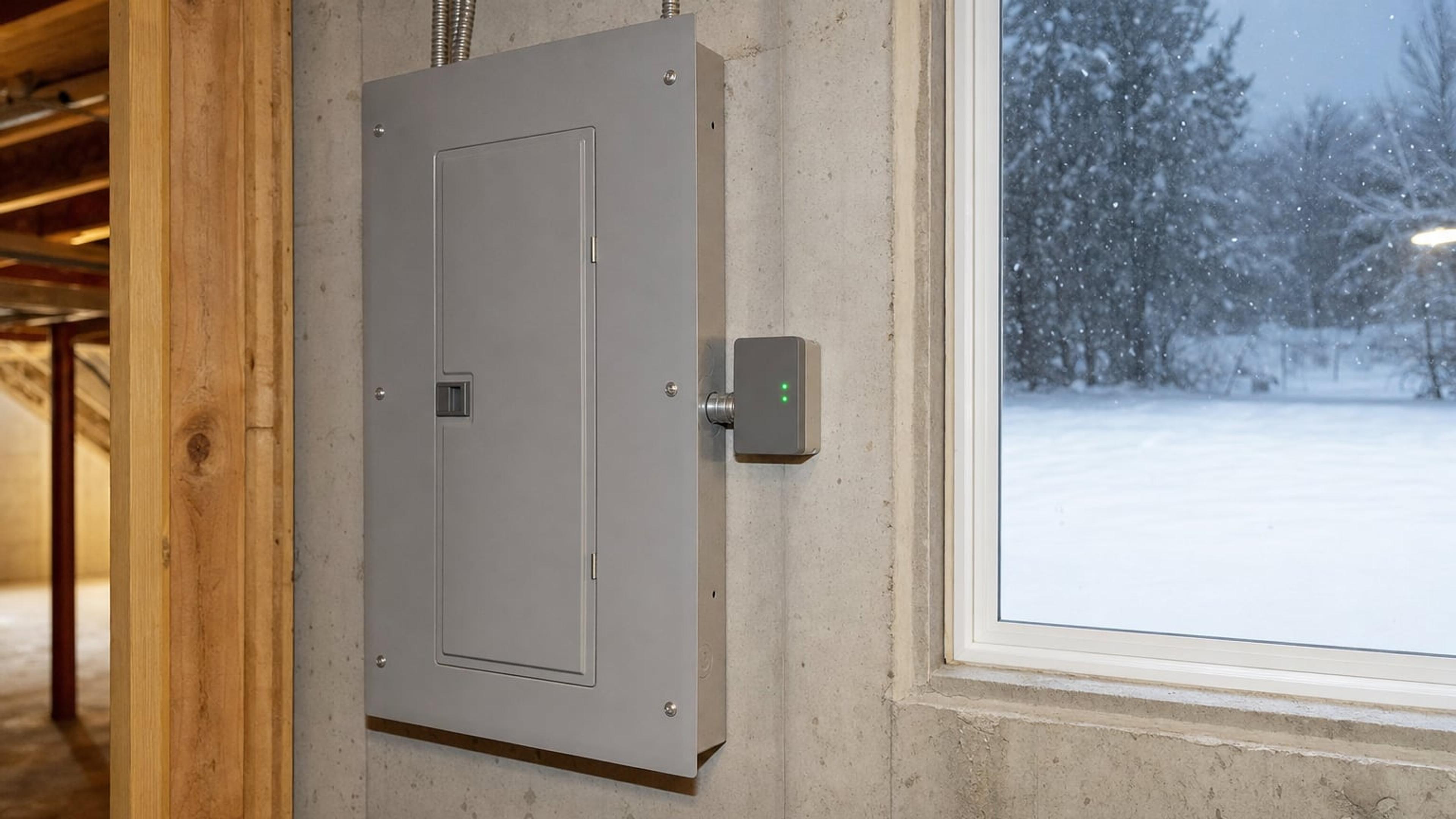 Residential breaker panel with a whole-house surge protective device mounted beside it, status lights glowing