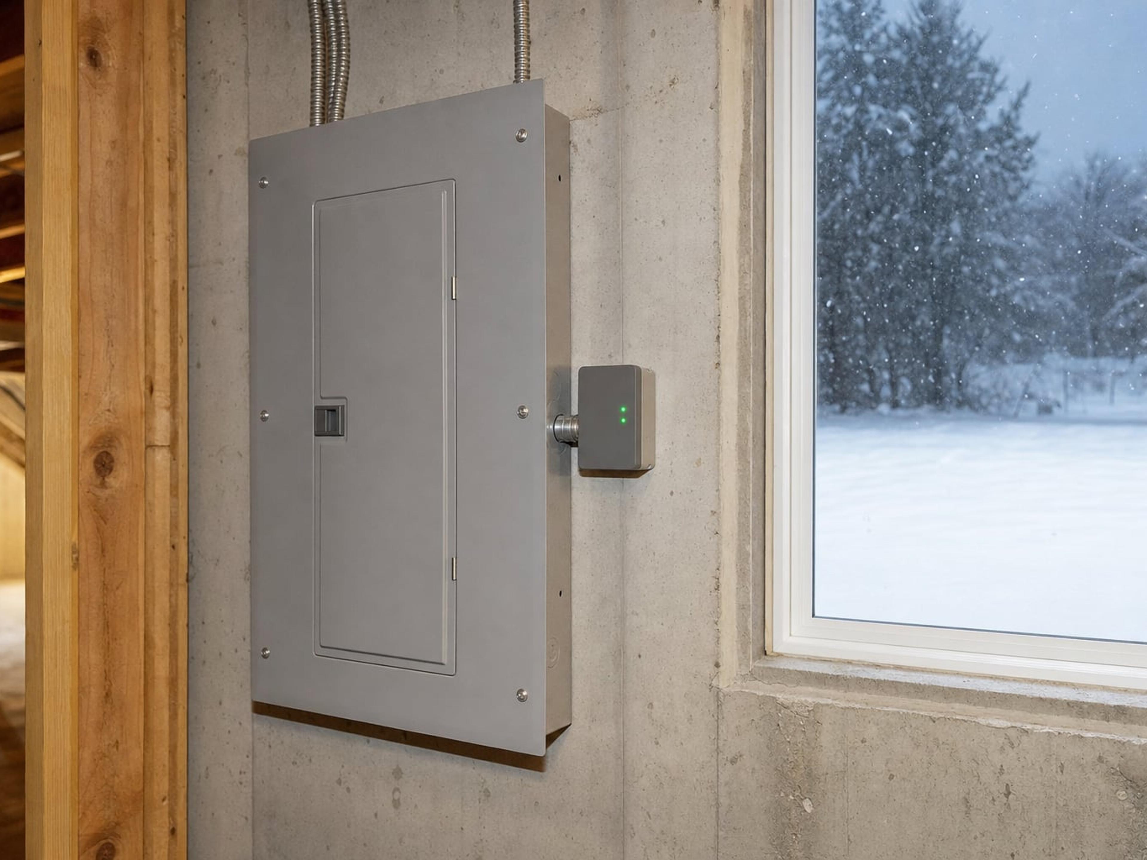 Residential breaker panel with a whole-house surge protective device mounted beside it, status lights glowing