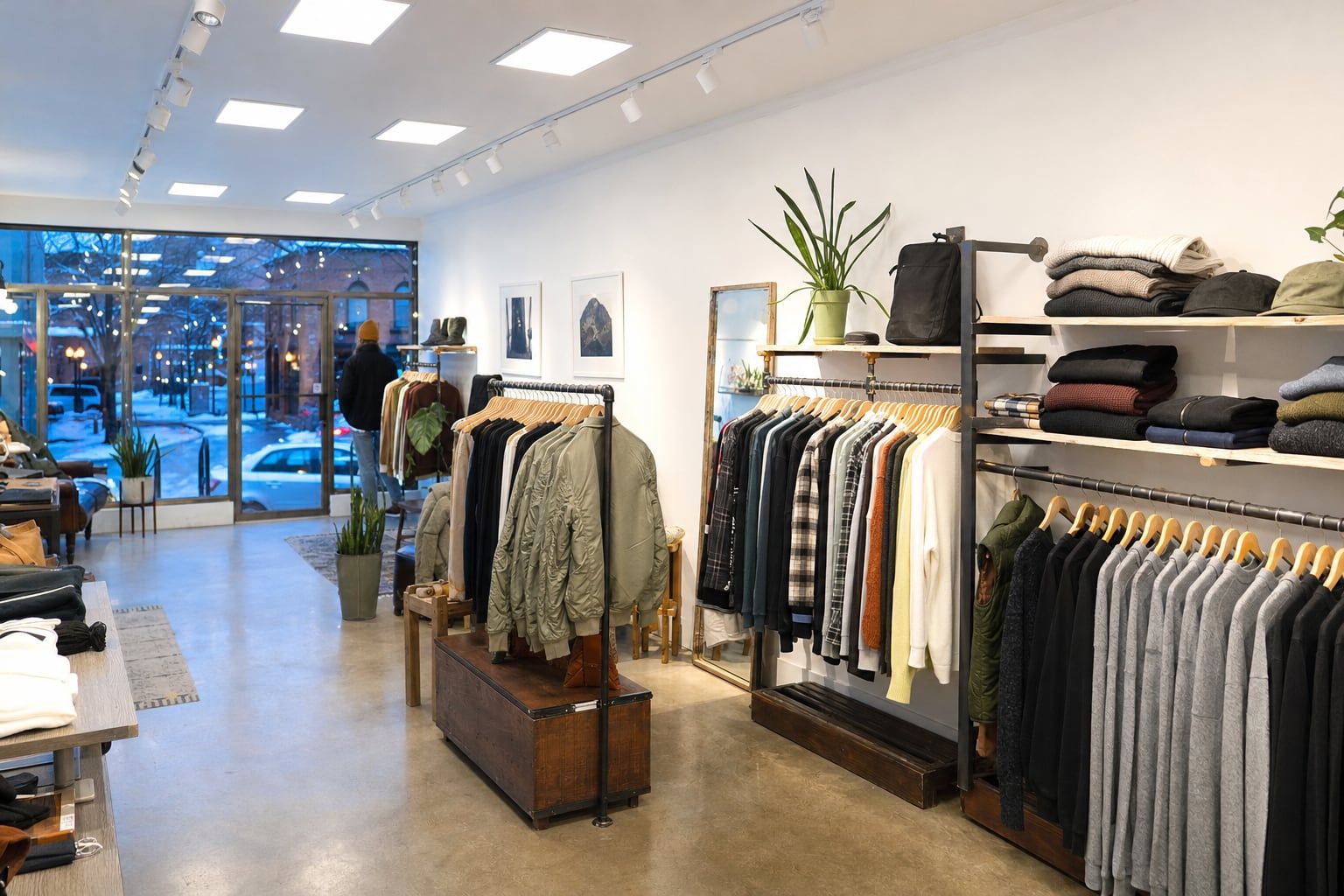 Bright small retail clothing store lit evenly by LED panels and track lights with a snowy street outside