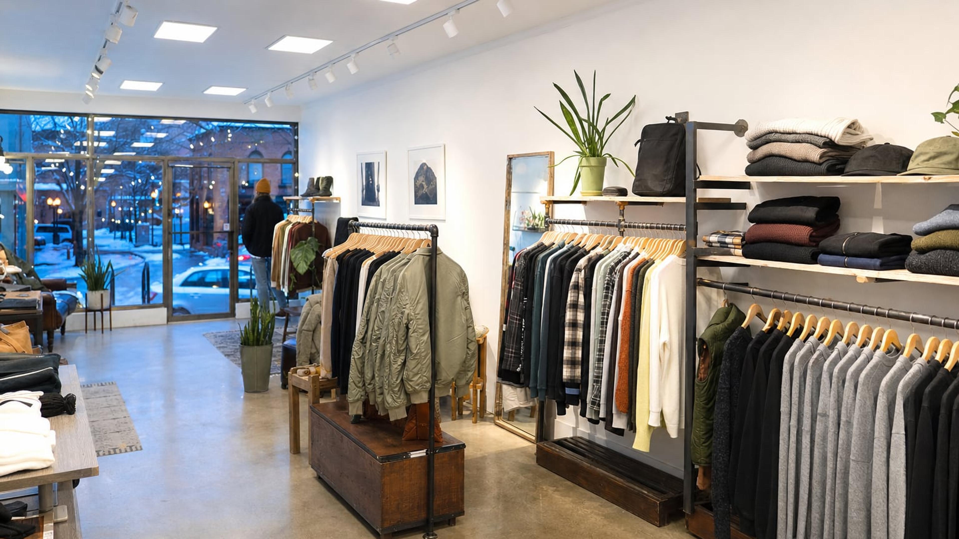 Bright small retail clothing store lit evenly by LED panels and track lights with a snowy street outside