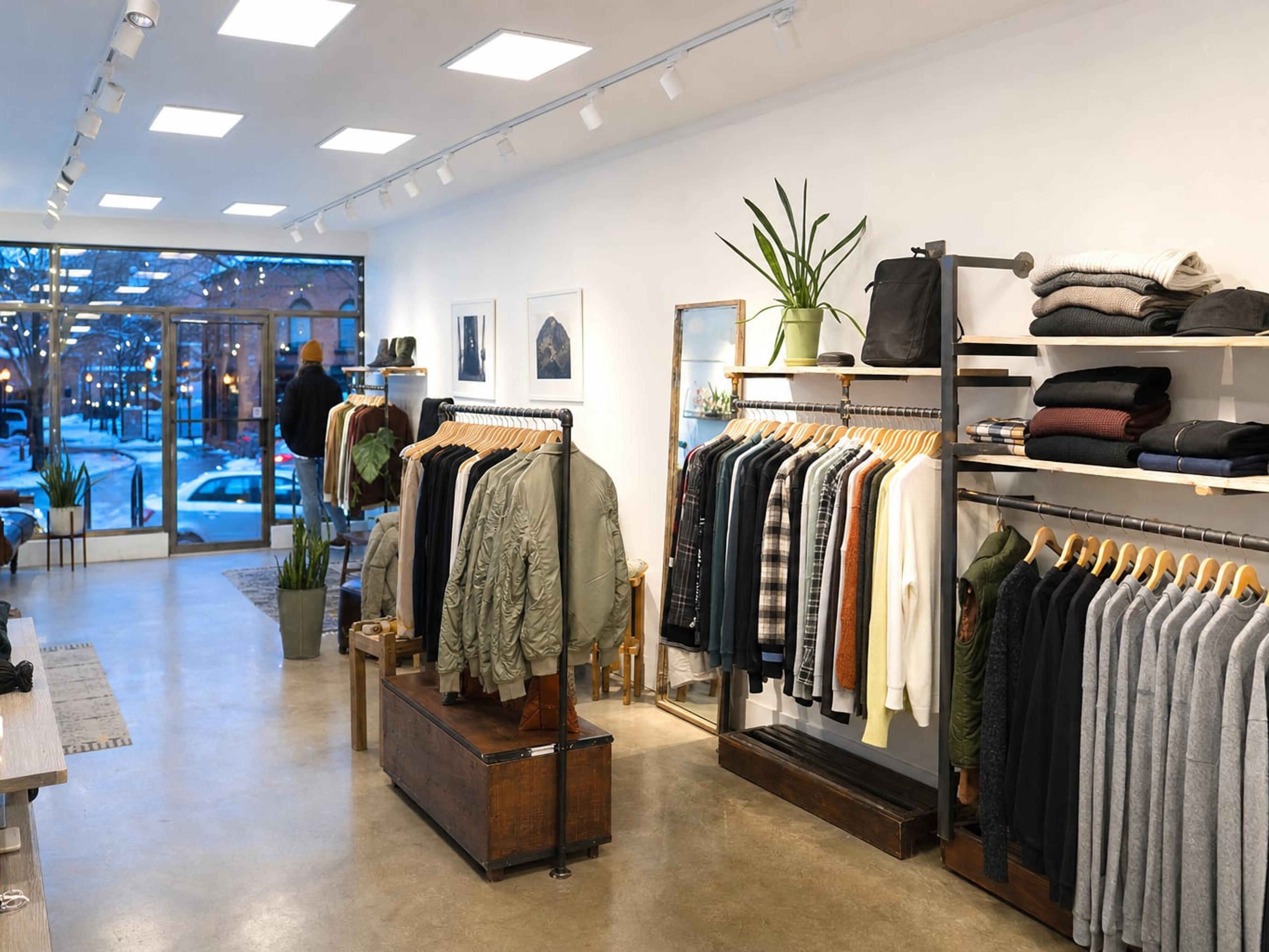 Bright small retail clothing store lit evenly by LED panels and track lights with a snowy street outside