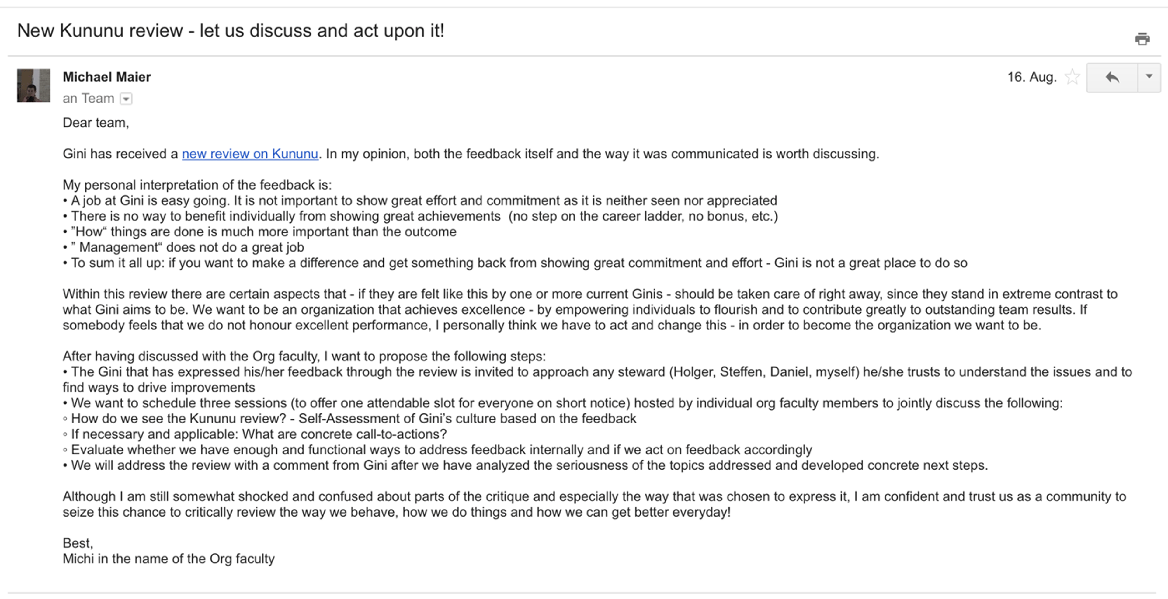 The team email to investigate and reflect