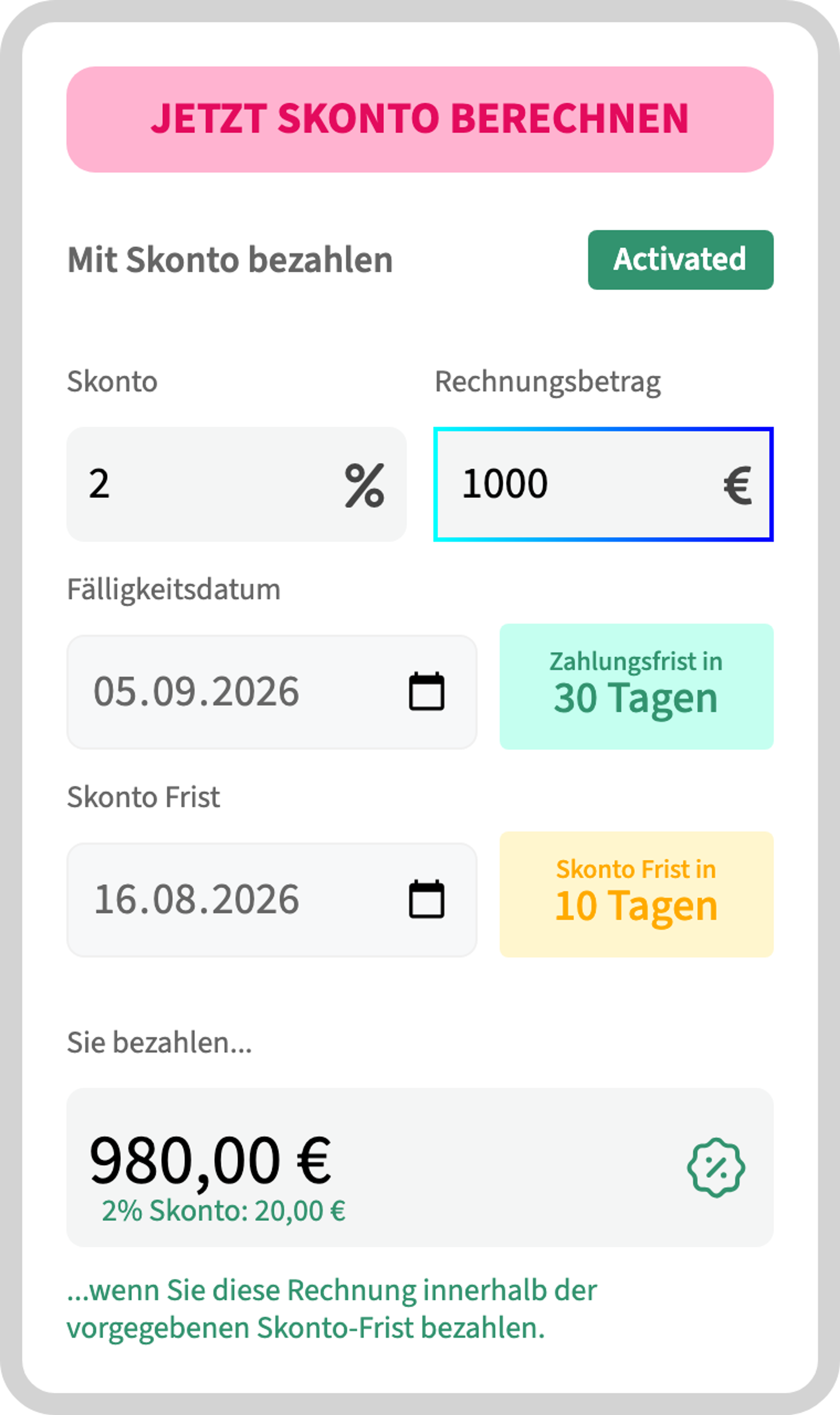 Gängige Skontorechner