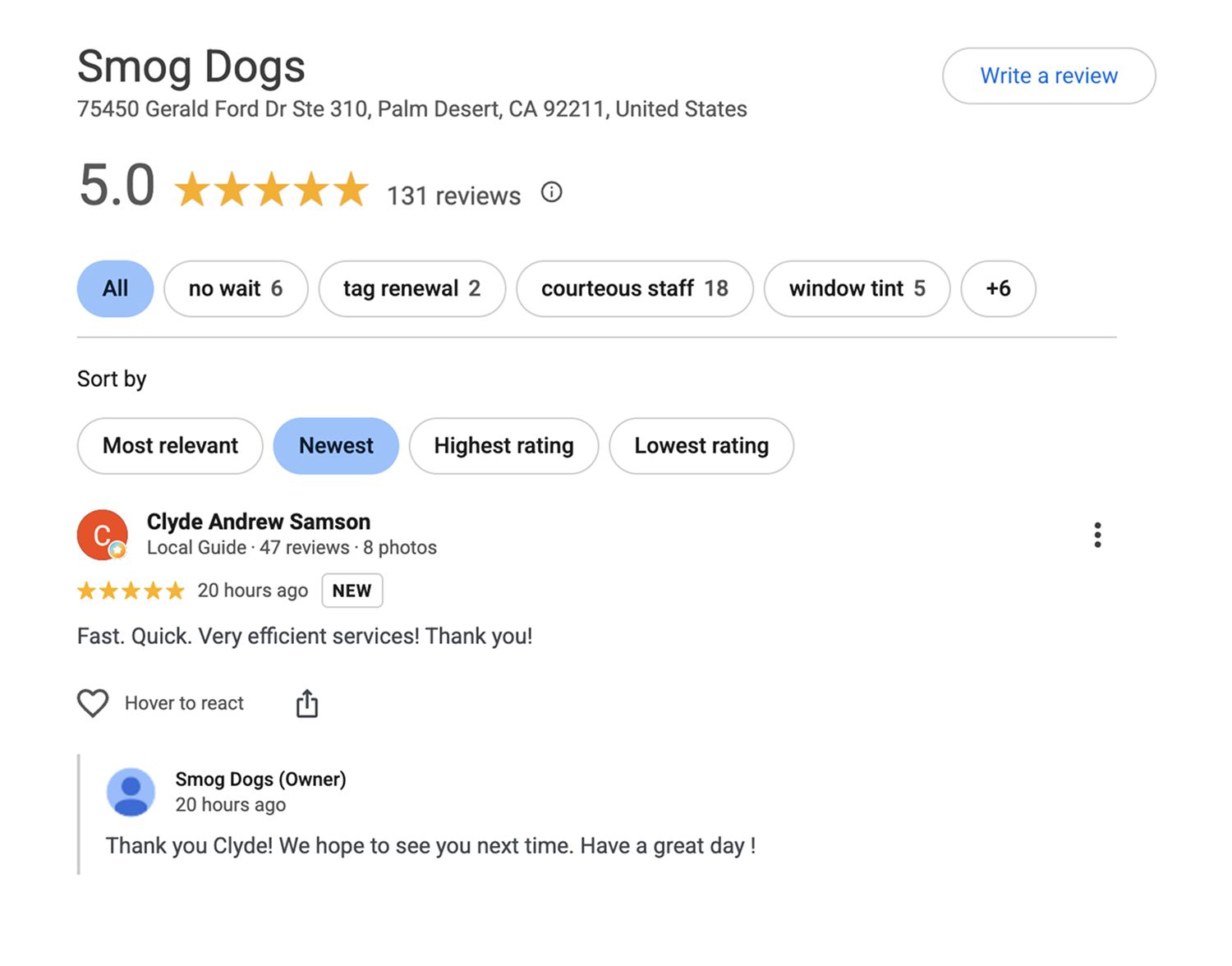 Smog Dogs Google review page before The Review System — 131 reviews