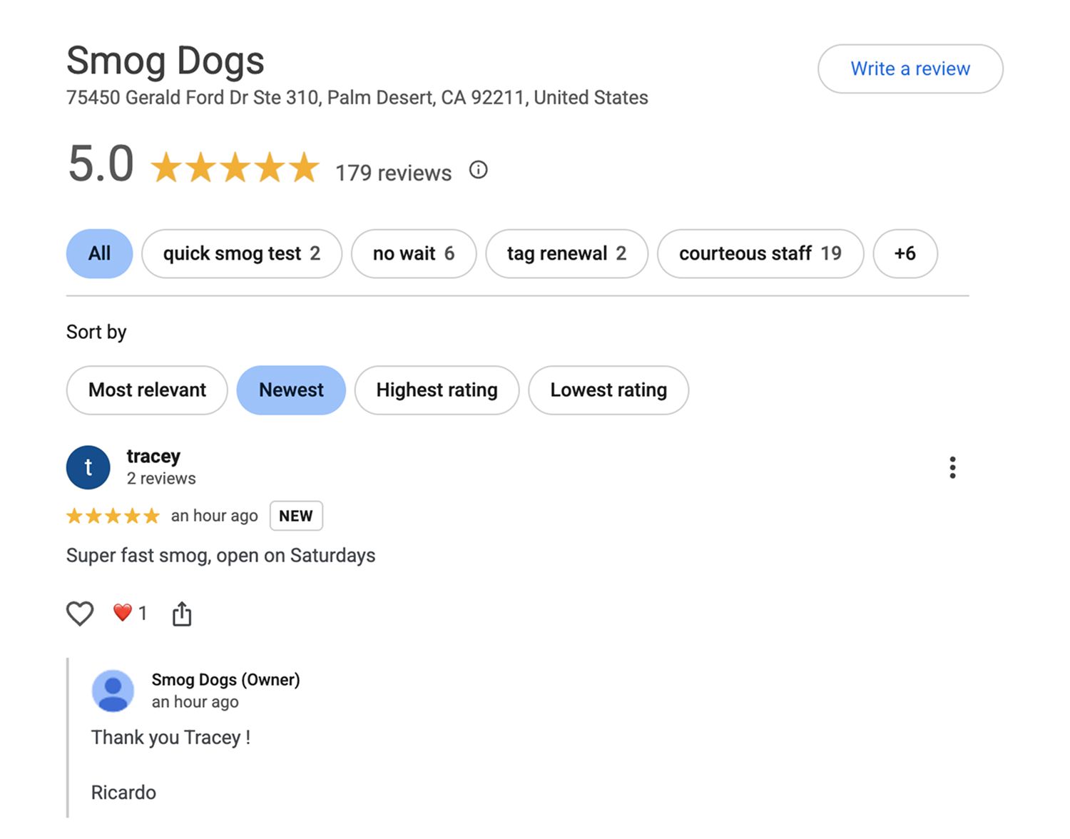 Smog Dogs Google review page after 30 days on The Review System — 179 reviews, 5.0 rating