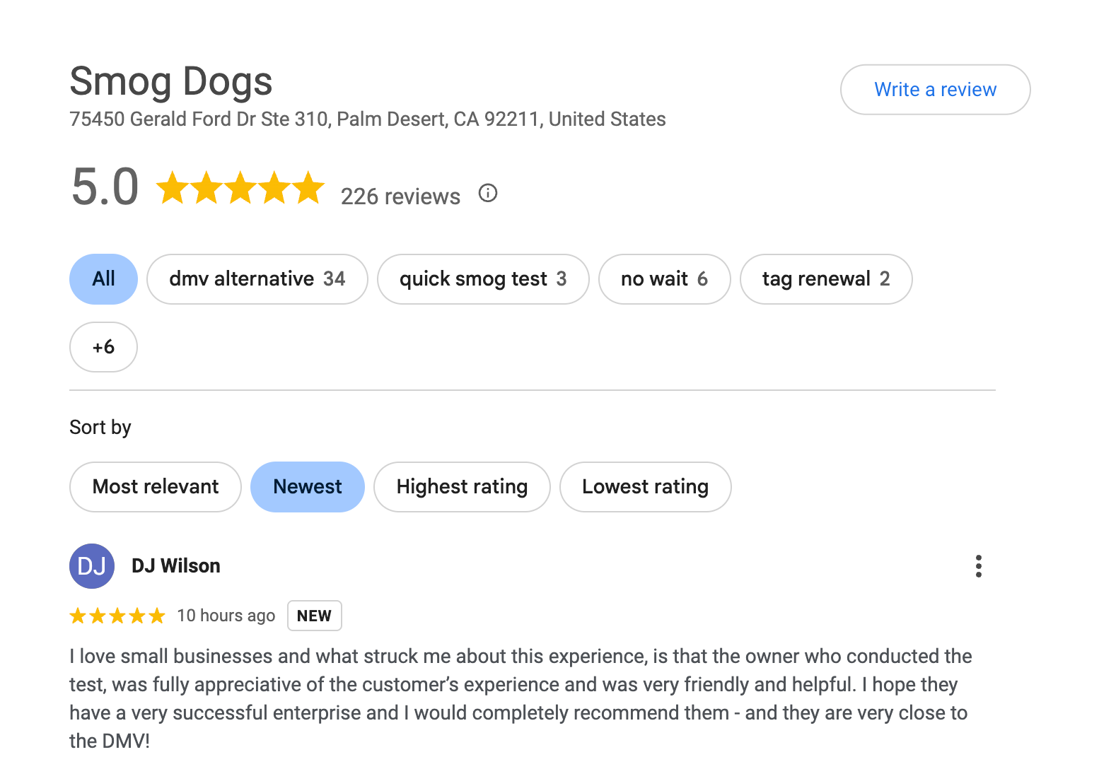 Smog Dogs Google review page after 60 days on The Review System — 226 reviews, 5.0 rating