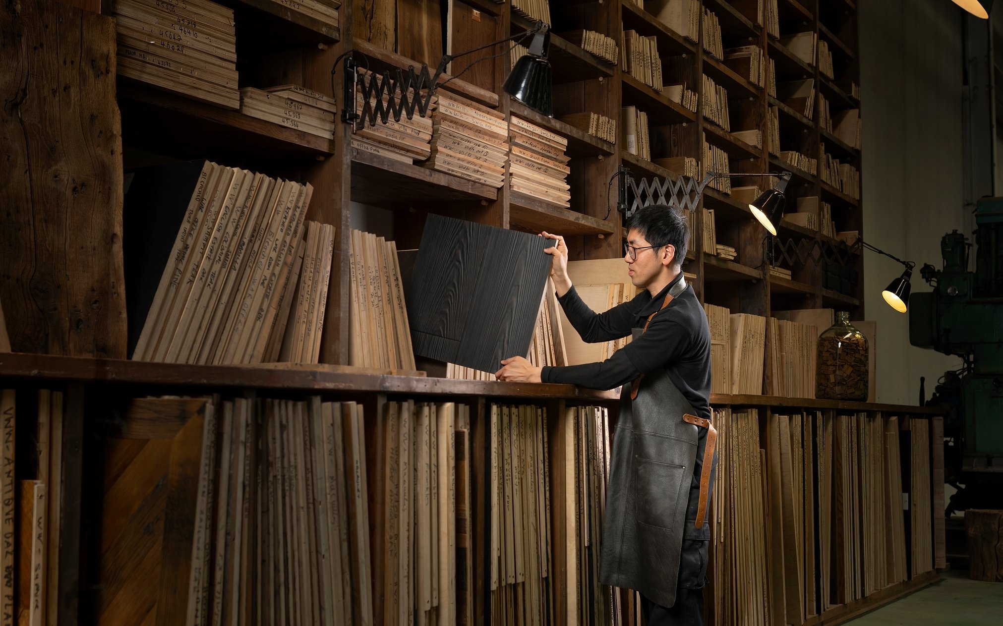 Wood floor samples arranged on a worktable