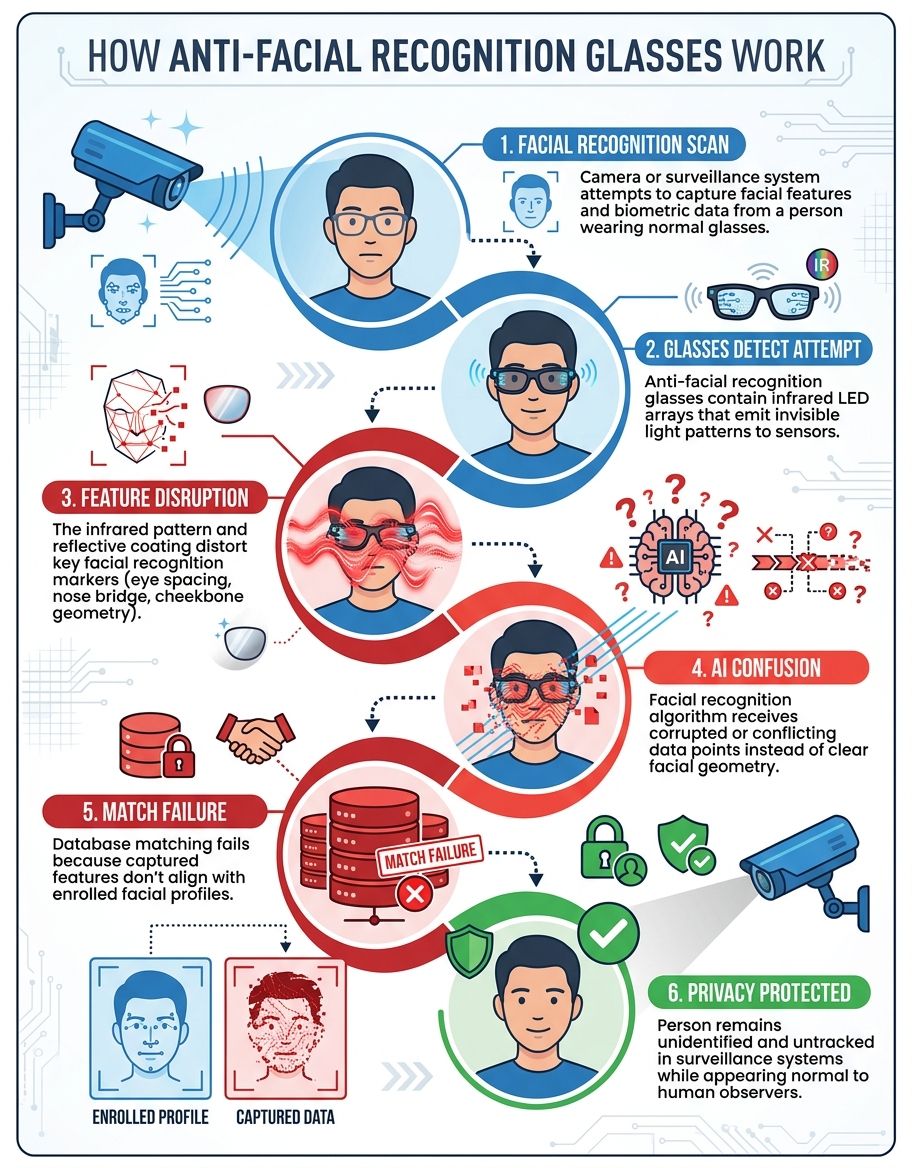 Infographic showing anti facial recognition glasses - Process/Step-by-Step