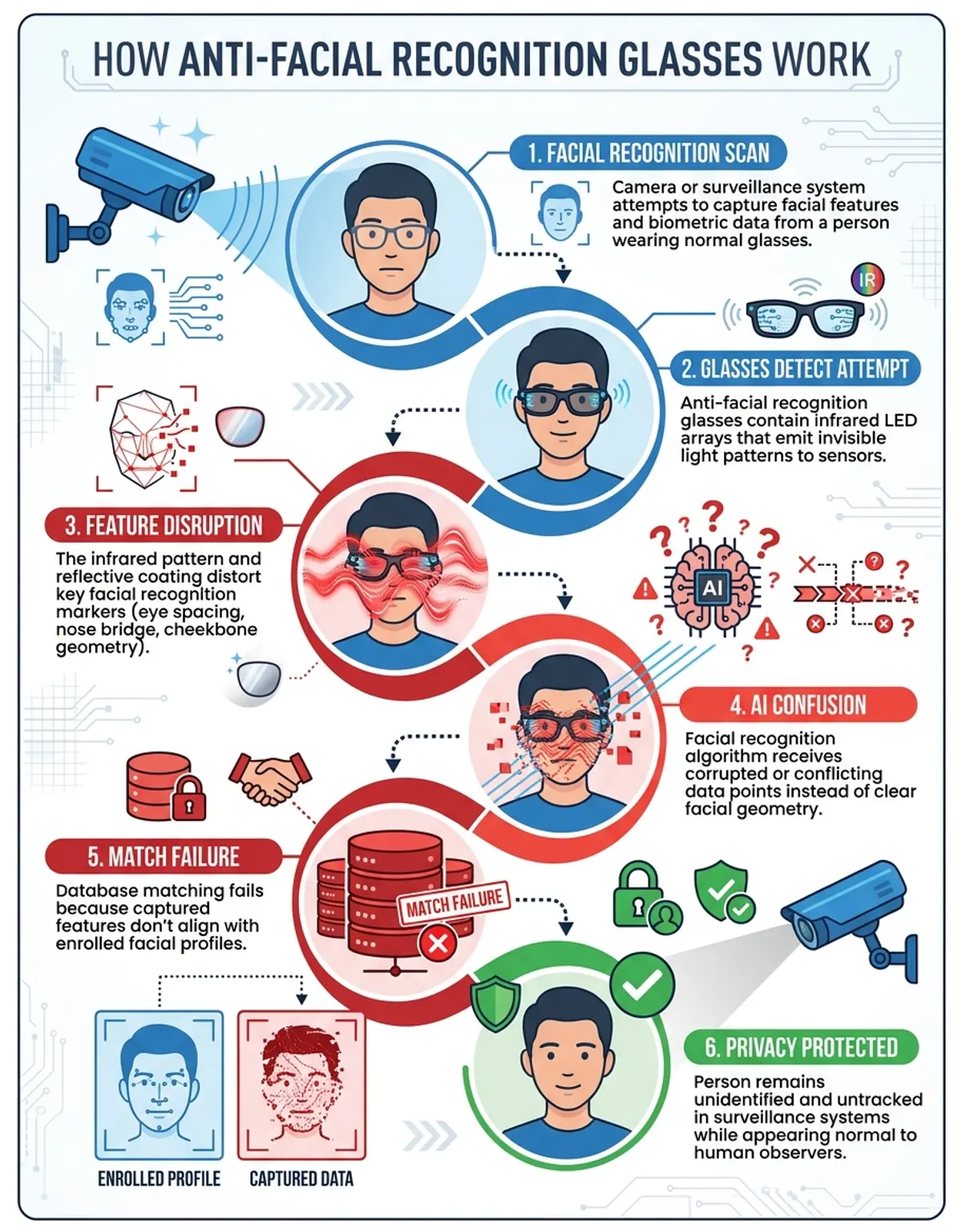 Infographic showing anti facial recognition glasses - Process/Step-by-Step