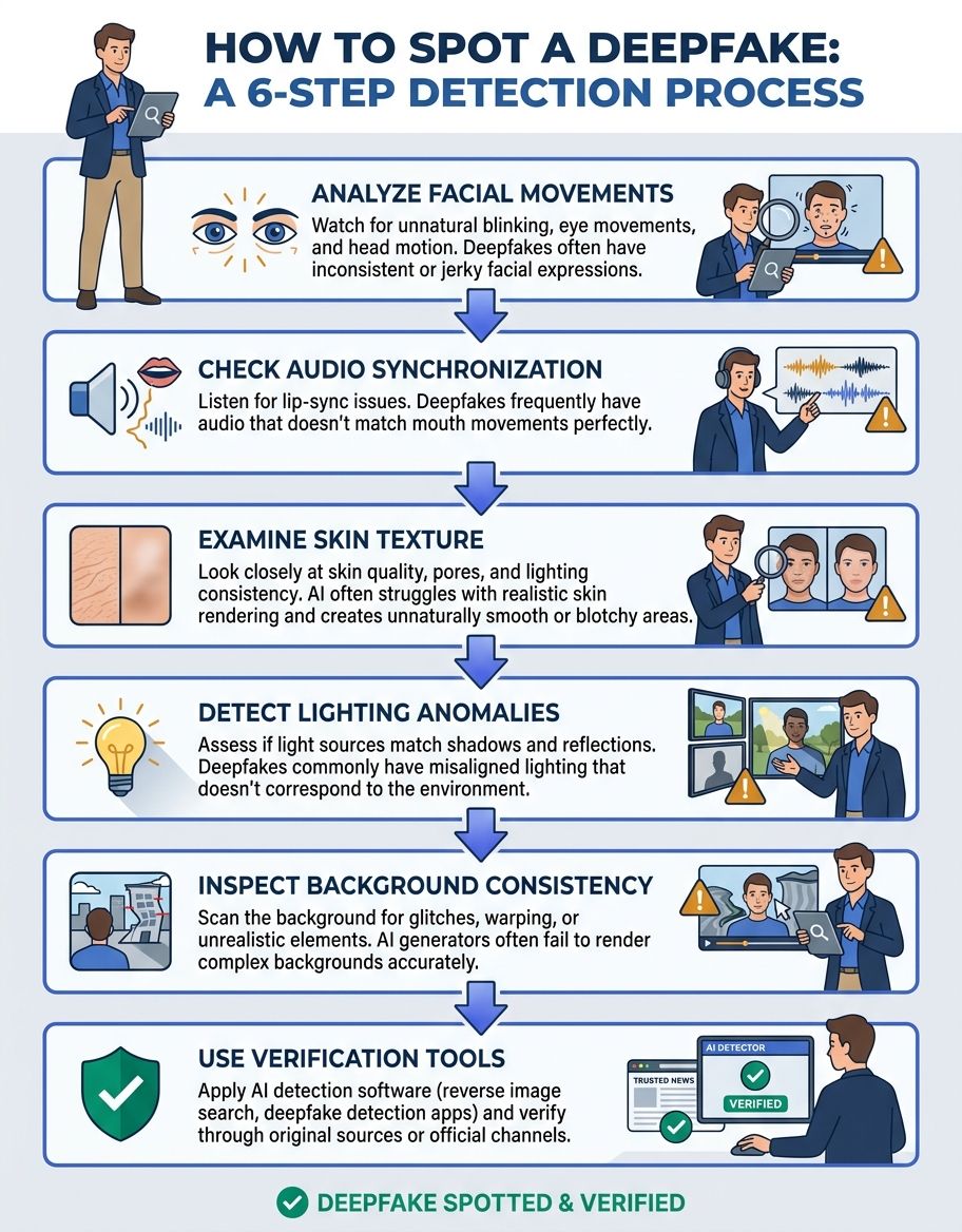 Explain how how to spot a deepfake detection and matching works with numbered steps and flow