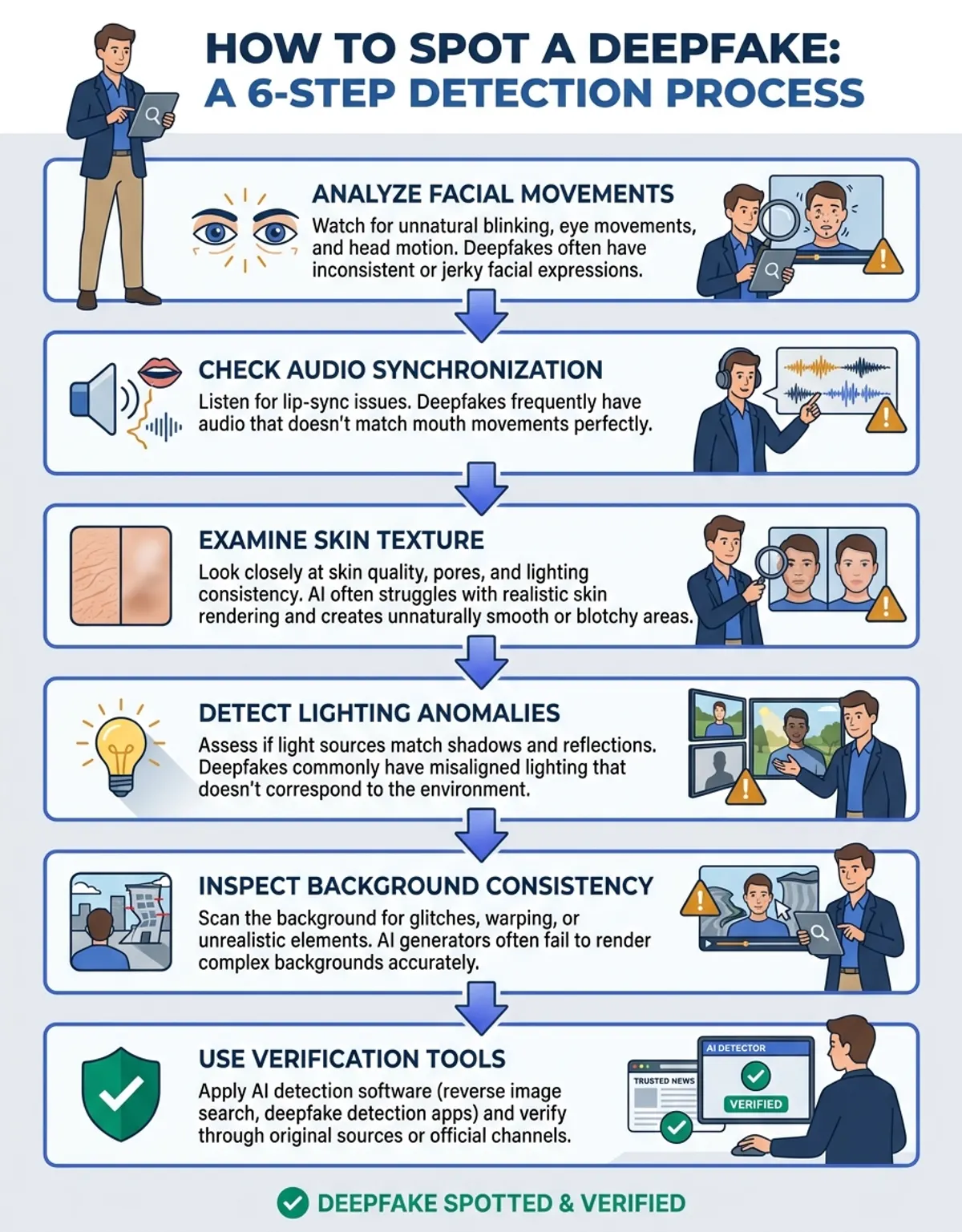 Explain how how to spot a deepfake detection and matching works with numbered steps and flow