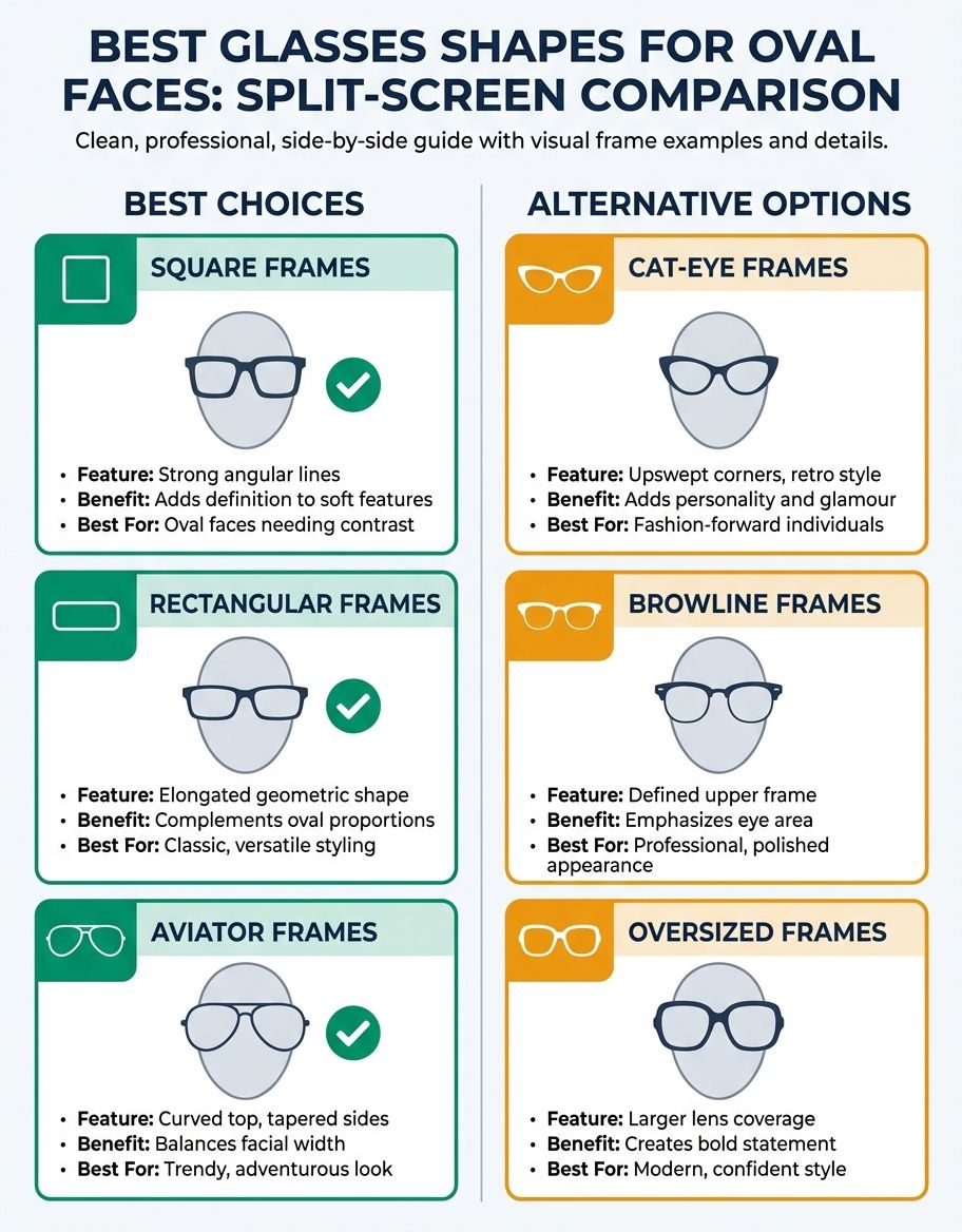 Best glasses shape for oval face - comparison of square, rectangular, and aviator frames