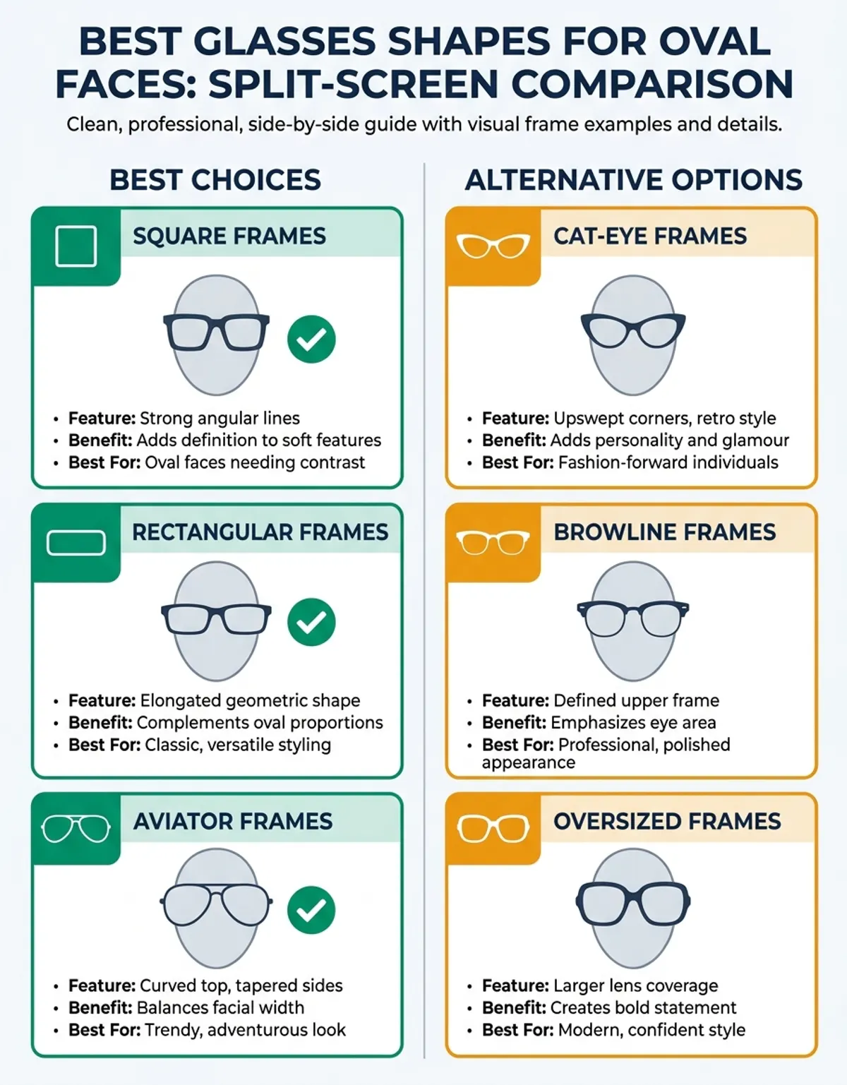Best glasses shape for oval face - comparison of square, rectangular, and aviator frames
