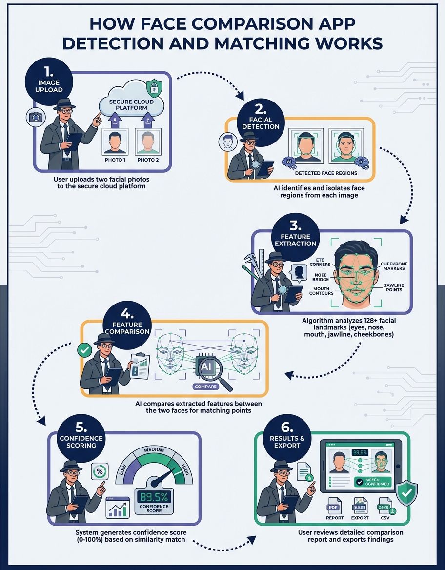 Face comparison app - Process/Step-by-Step infographic showing how face detection and matching works