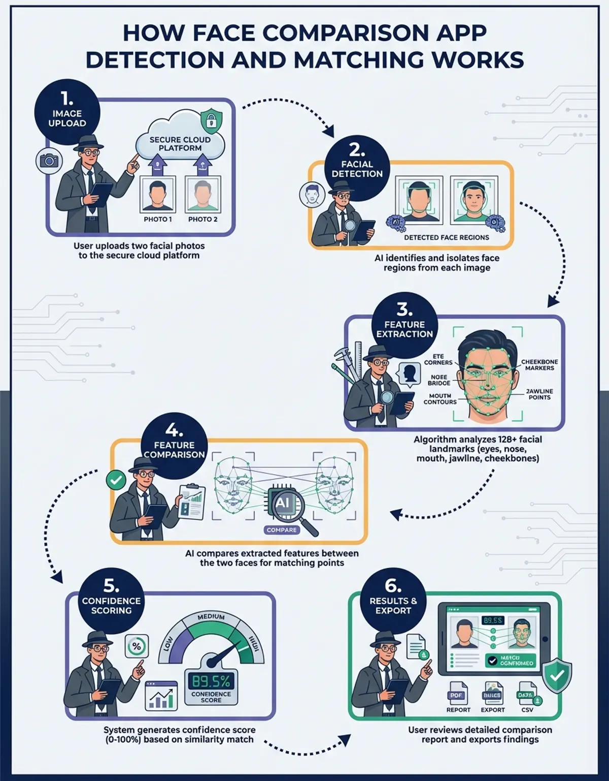 Face comparison app - Process/Step-by-Step infographic showing how face detection and matching works