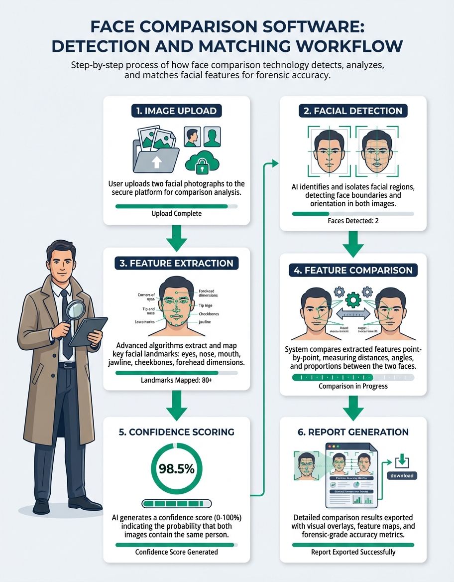 Step-by-step process of facial feature extraction and comparison
