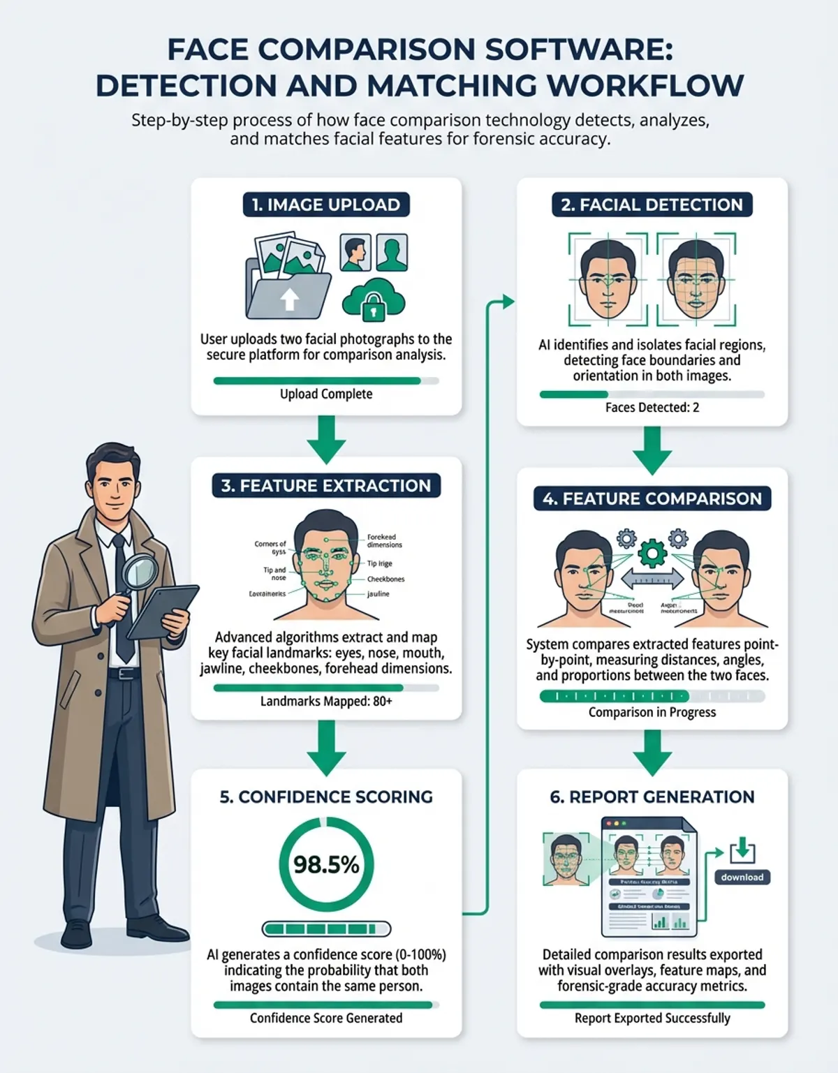 Step-by-step process of facial feature extraction and comparison