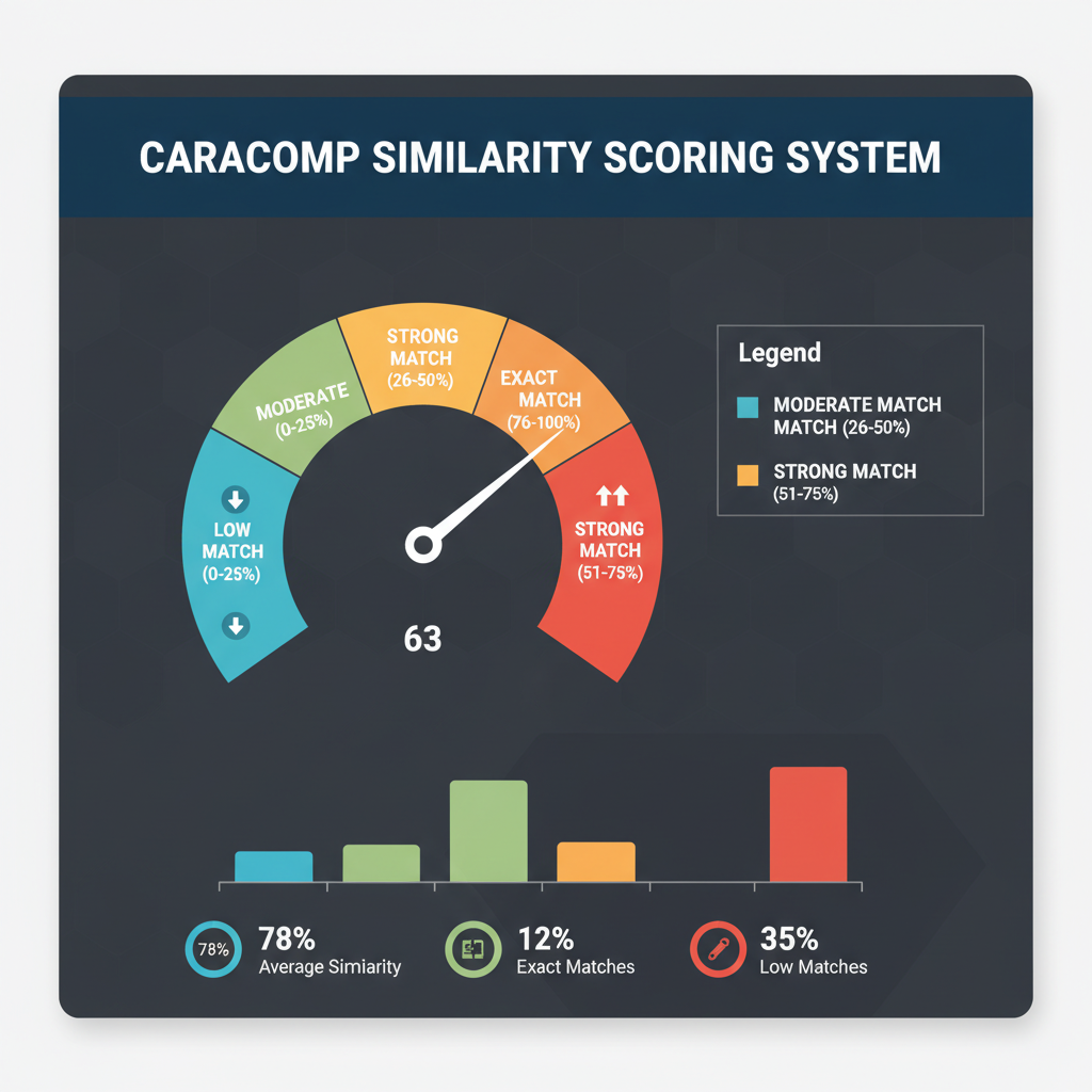 CaraComp similarity scoring system dashboard showing 0-100% match scale with color-coded zones for facial comparison results