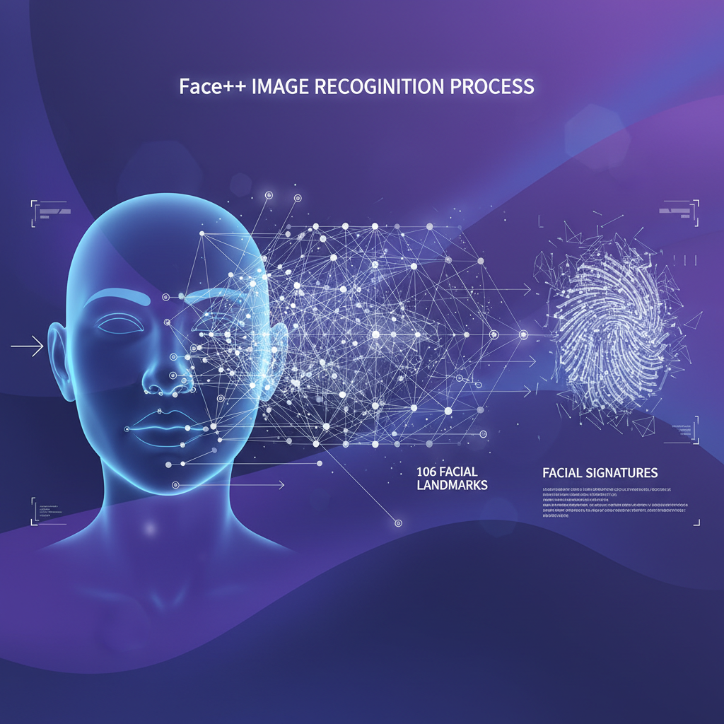 Face++ image recognition technology showing neural network processing and facial landmark detection
