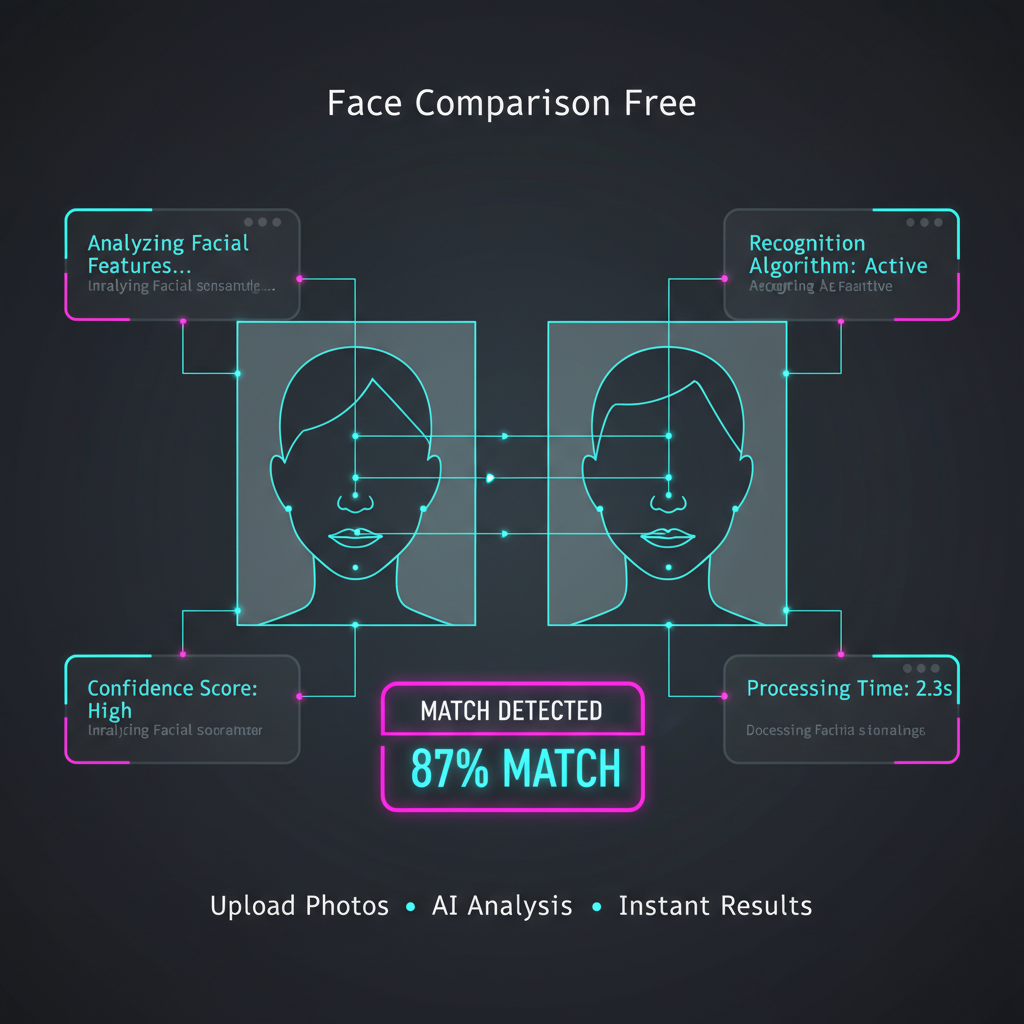AI face comparison technology showing split-screen interface with facial recognition analysis and real-time match scoring dashboard
