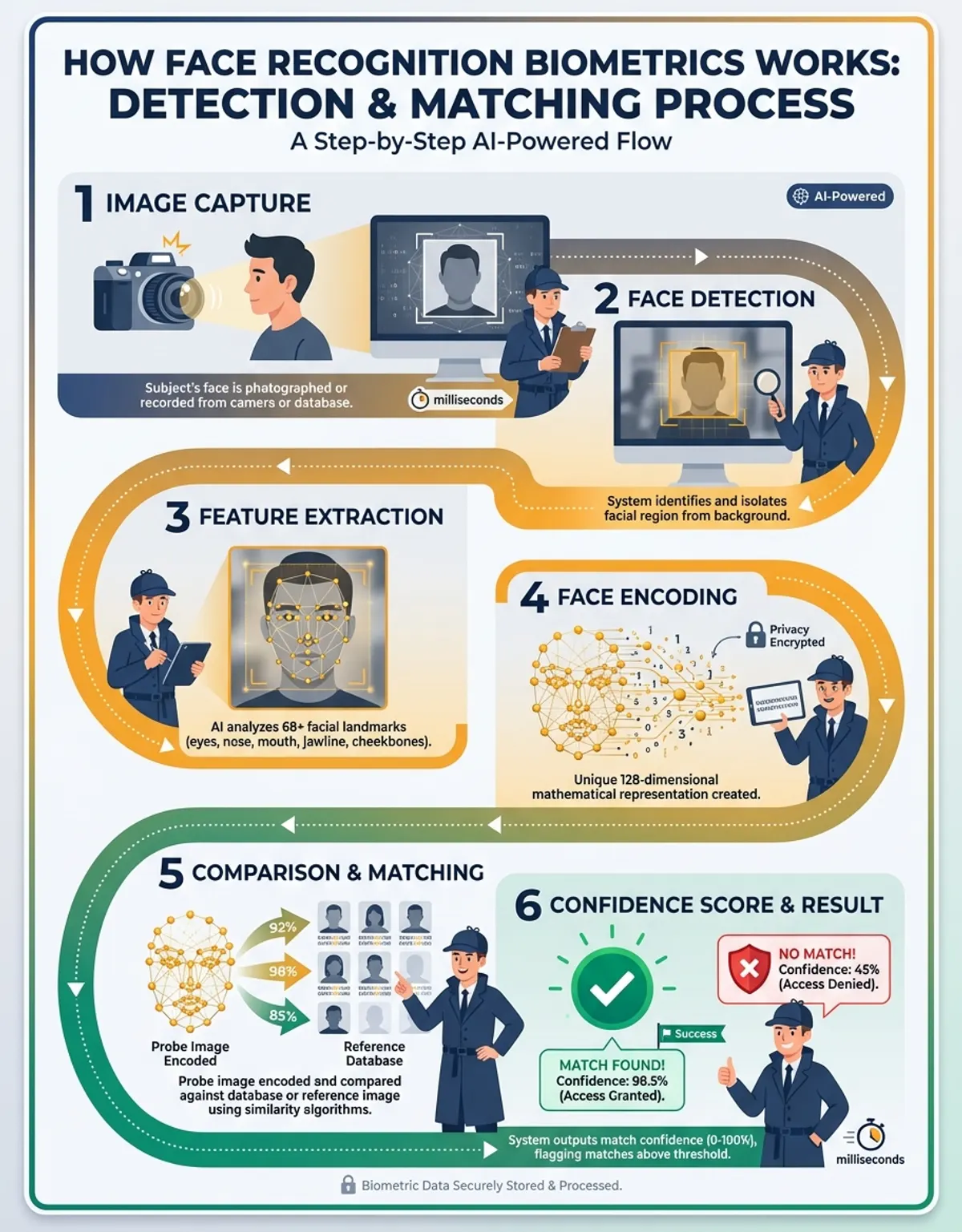 Infographic showing face recognition biometrics - Process/Step-by-Step