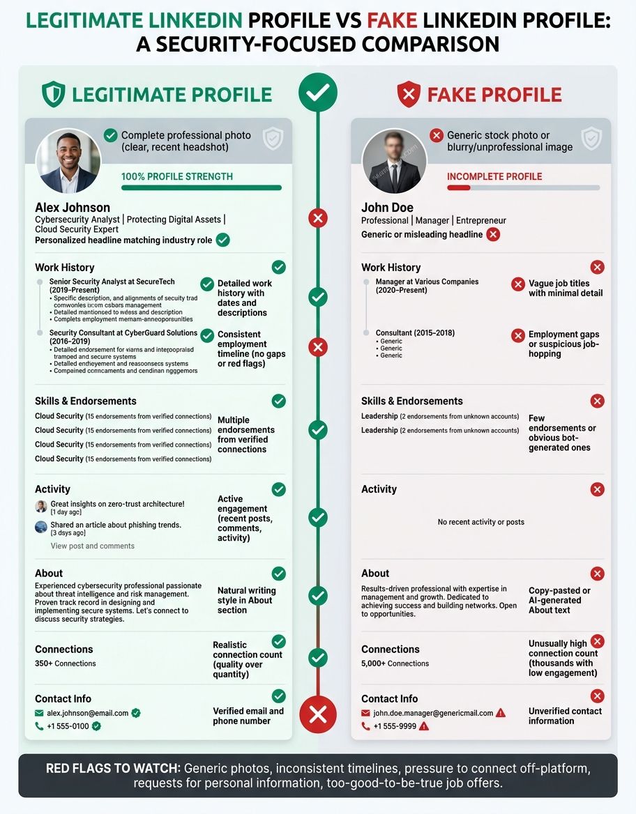 Visual comparison table showing how to tell if a linkedin profile is fake features and capabilities