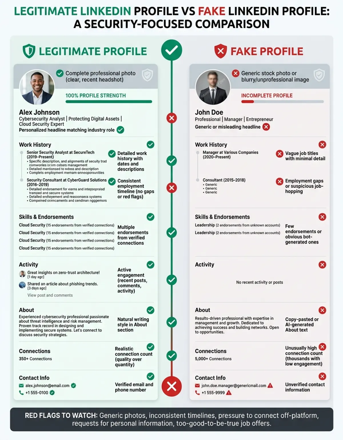 Visual comparison table showing how to tell if a linkedin profile is fake features and capabilities