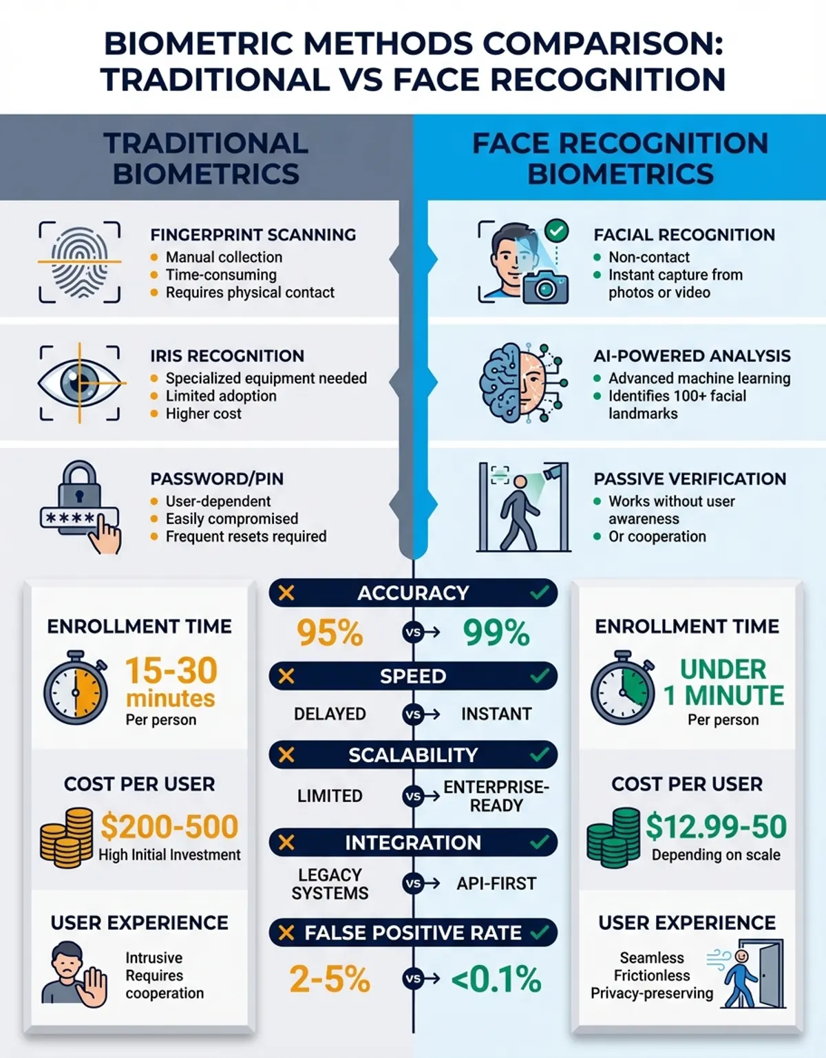 Infographic showing face recognition biometrics - Comparison/Features