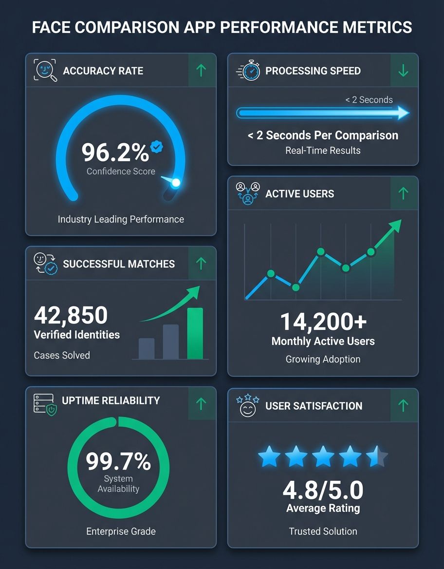 Face comparison app - Statistics/Data infographic showing accuracy metrics and performance statistics