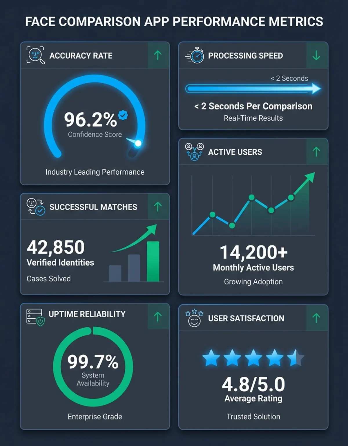 Face comparison app - Statistics/Data infographic showing accuracy metrics and performance statistics