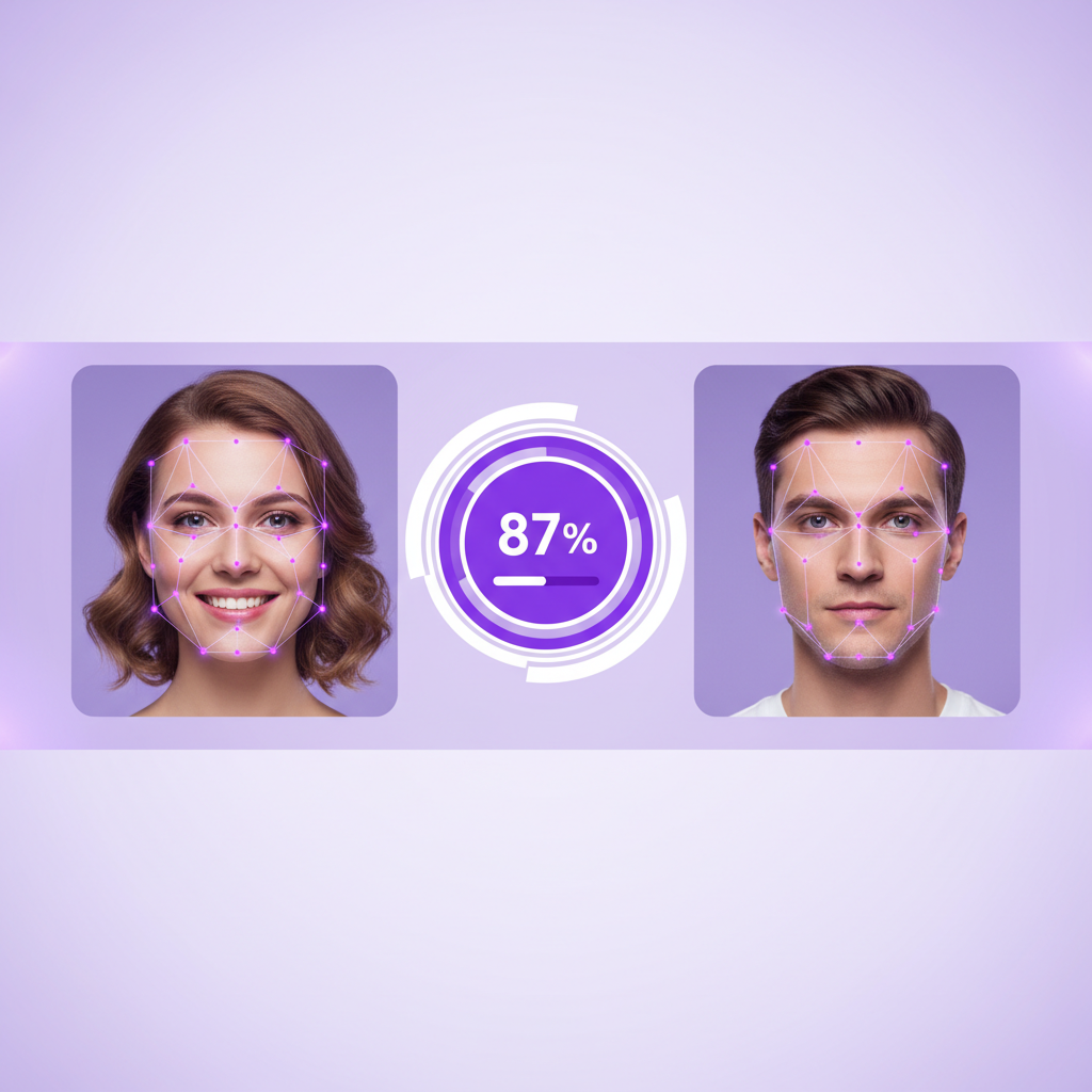face similarity test interface showing two photos being compared with facial detection points and similarity score