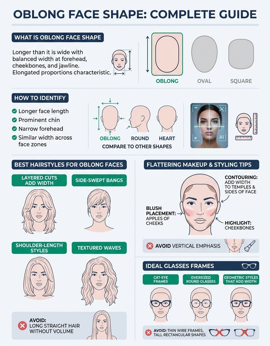 Complete guide to oblong face shape — hairstyles, bangs, makeup, glasses, and AI face analysis