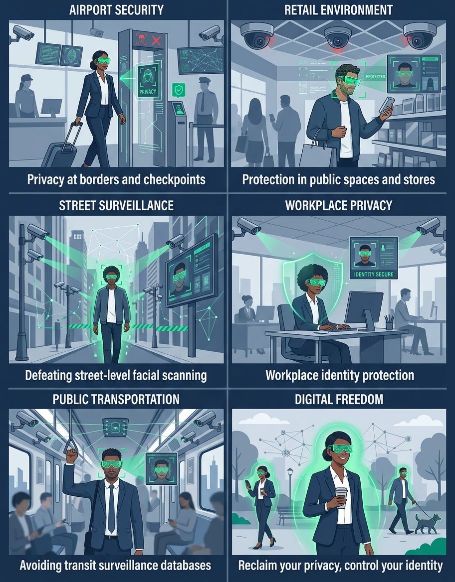 Infographic showing anti facial recognition glasses - Use Case/Application