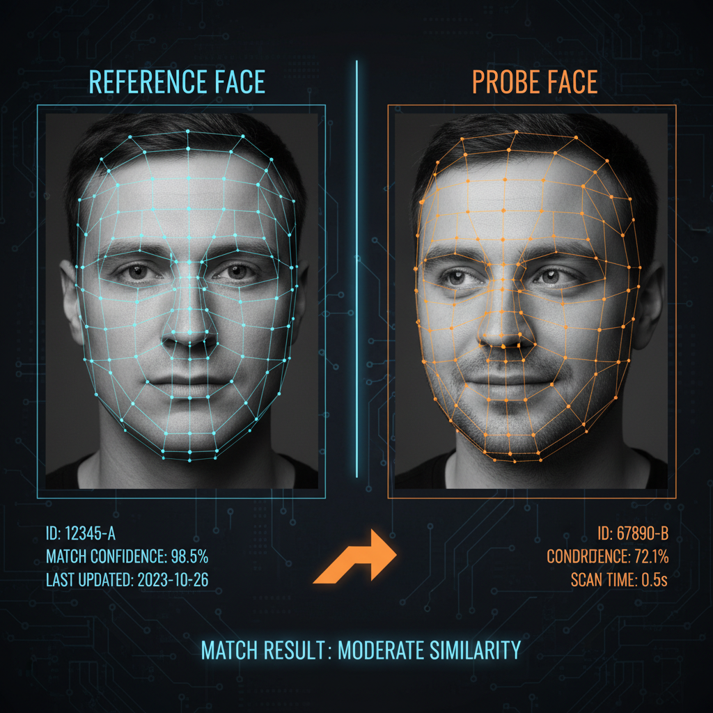 Face comparison online free split-screen interface showing two faces with facial landmarks highlighted and 87% similarity match score