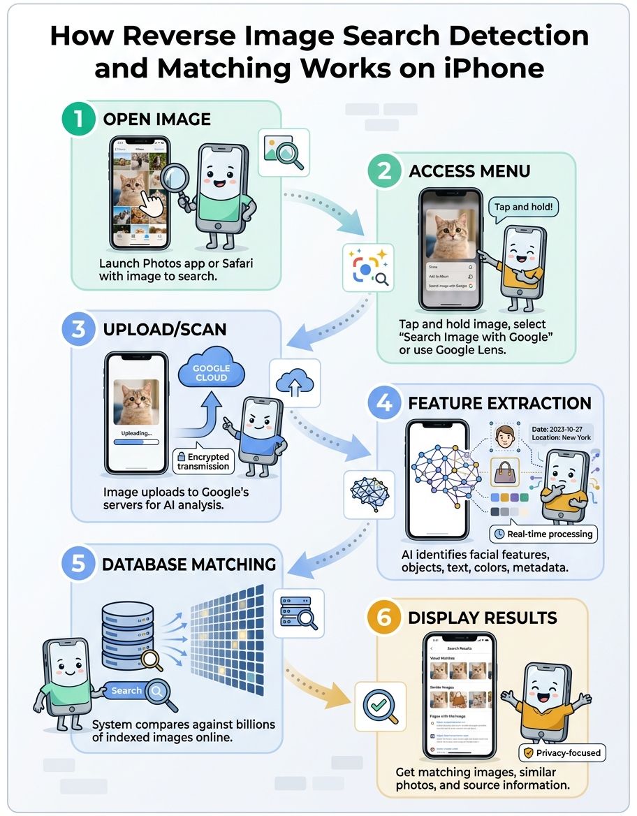 Explain how how to reverse image search on iphone detection and matching works with numbered steps and flow