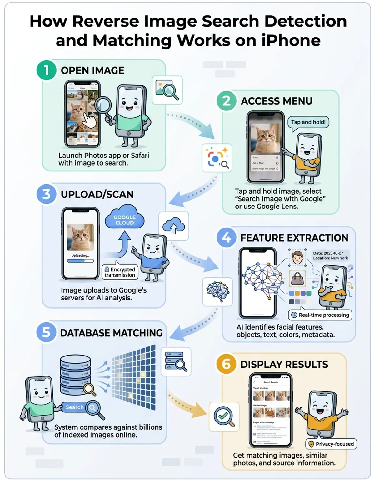 Explain how how to reverse image search on iphone detection and matching works with numbered steps and flow