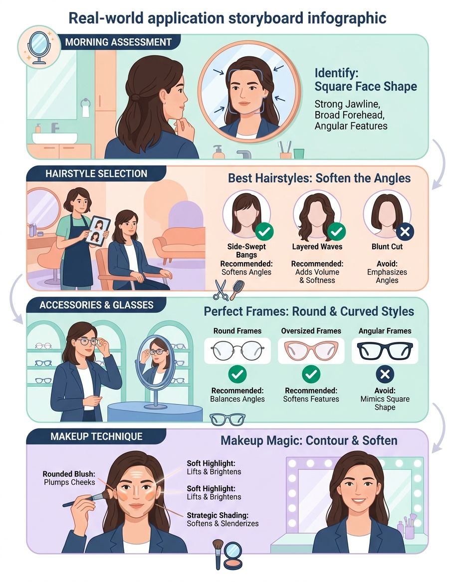 Square face shape makeup and complete style guide — contouring, blush placement, and eyewear selection