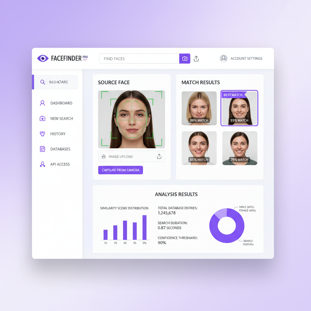 pictriev face search engine interface showing image comparison and recognition features