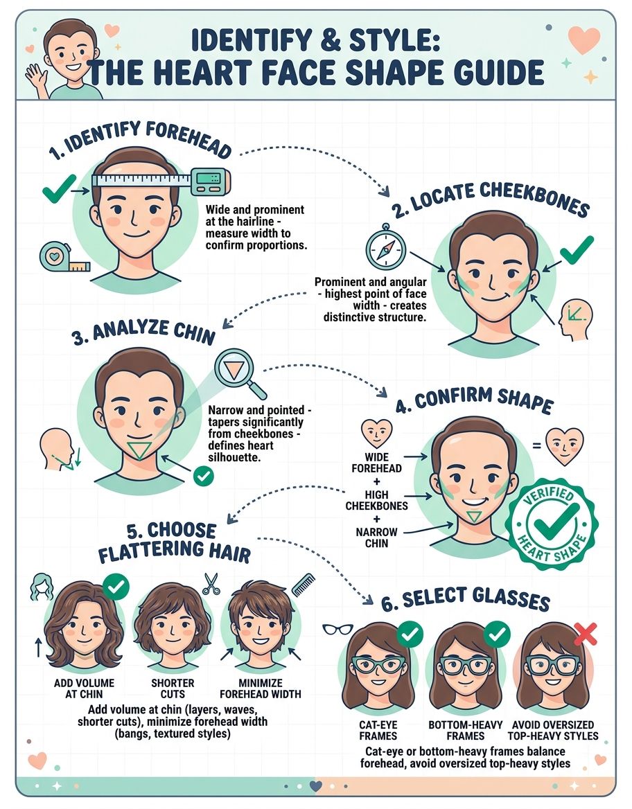 Heart face shape identification guide — wide forehead, prominent cheekbones, pointed chin
