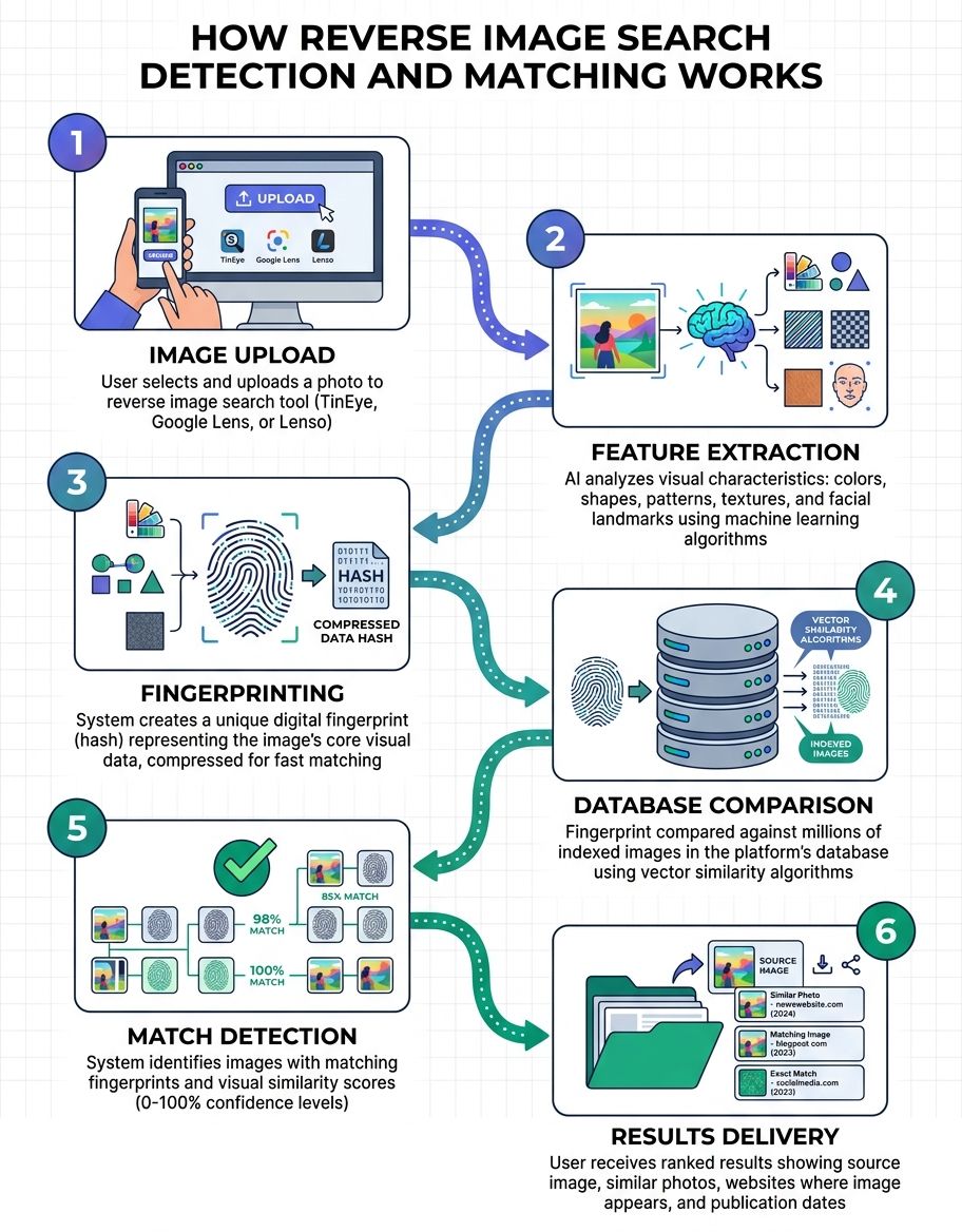 Step-by-step infographic showing how reverse image search technology processes and matches images